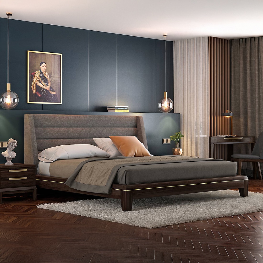 Taarkashi Upholstered Bed Bed Size Queen American Walnut, Colour - Seal Grey B140-18403 Grey - Urban Ladder
