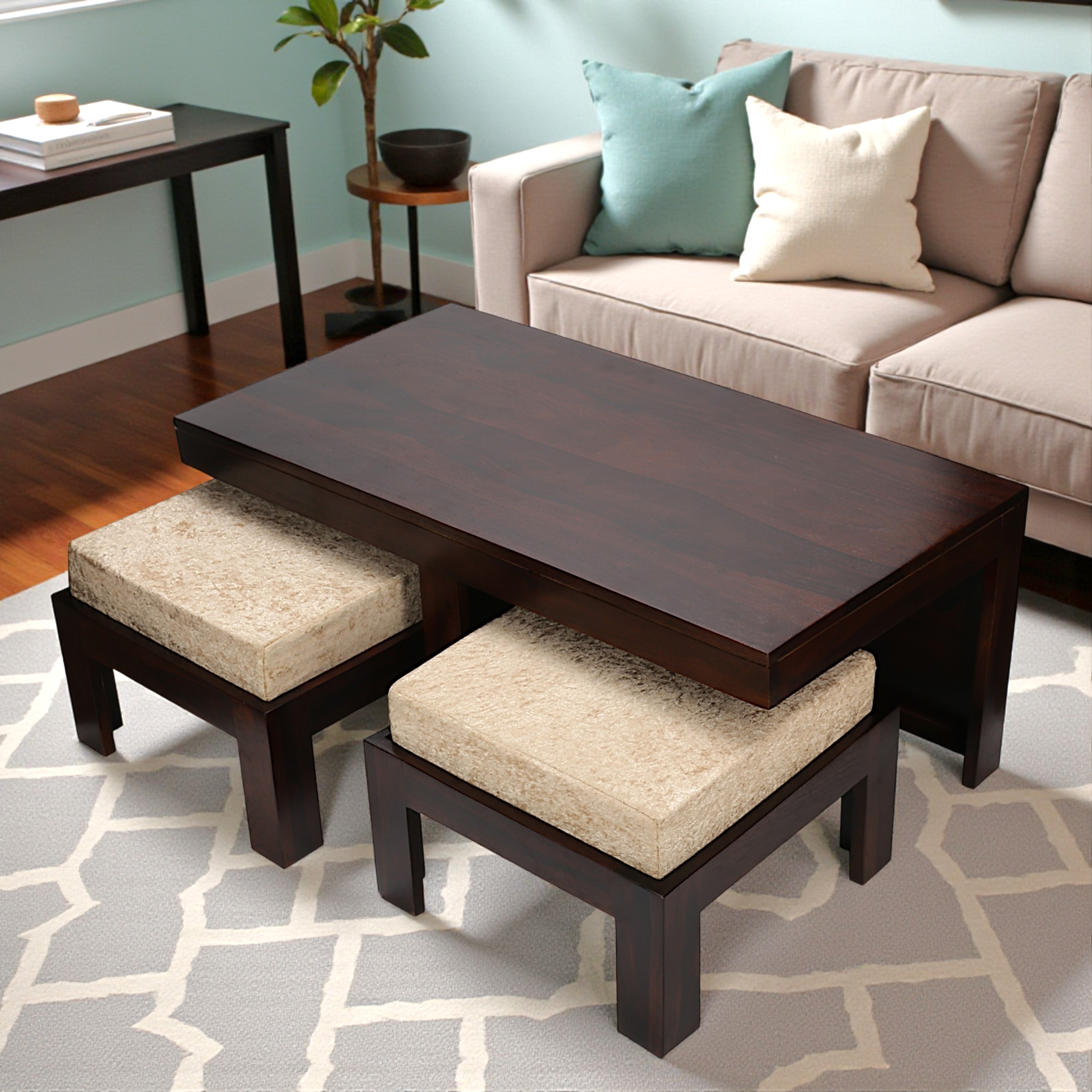 Irish Sheesham Wood Coffee Table With 2 Stools Set In Dark Walnut Finish & Ivory Sparkle Velvet Fabric Cushions