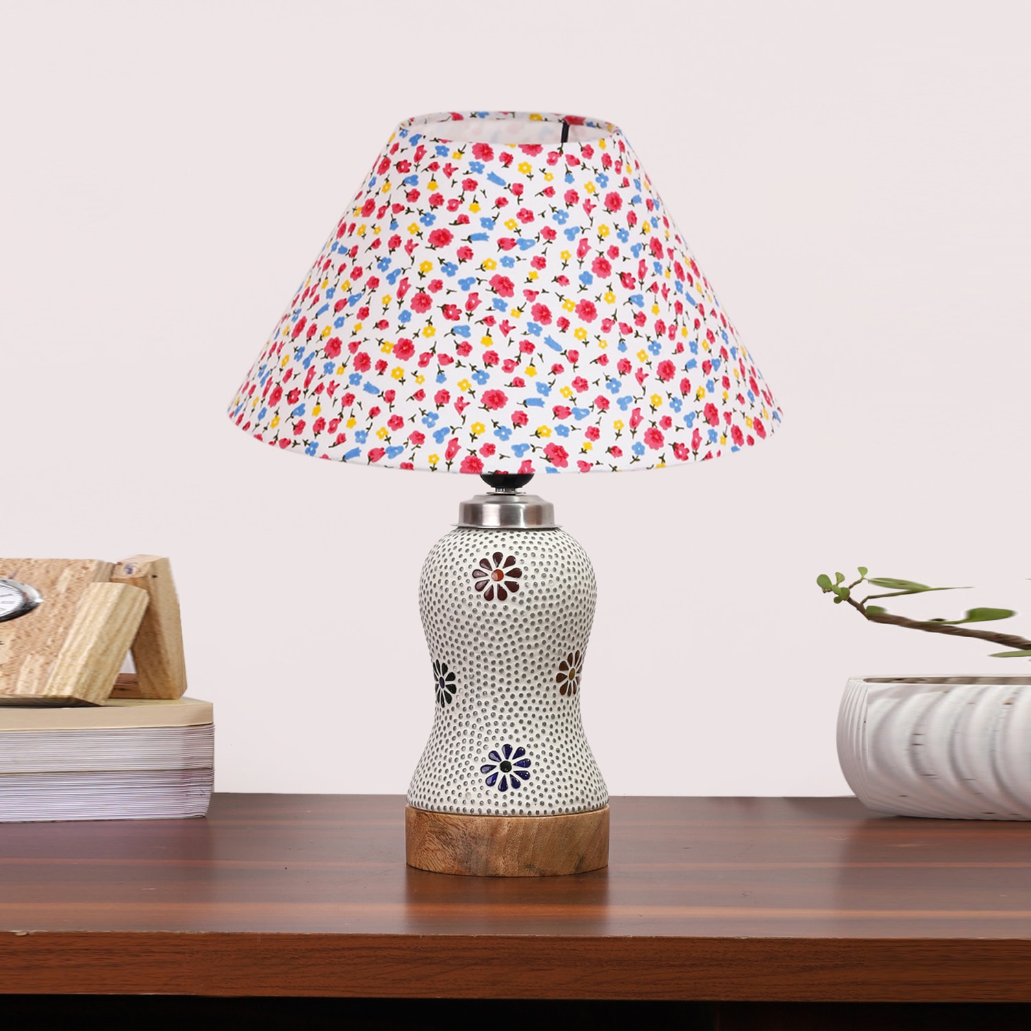 Devansh Conical Multi Cotton Shade Lamp With Wood & Mosaic Glass Base For Decoration/Office/Home/Gifting/Study For Decoration/Office/Home/Gifting/Study -(10X10X14.5) Inches -A - Devansh