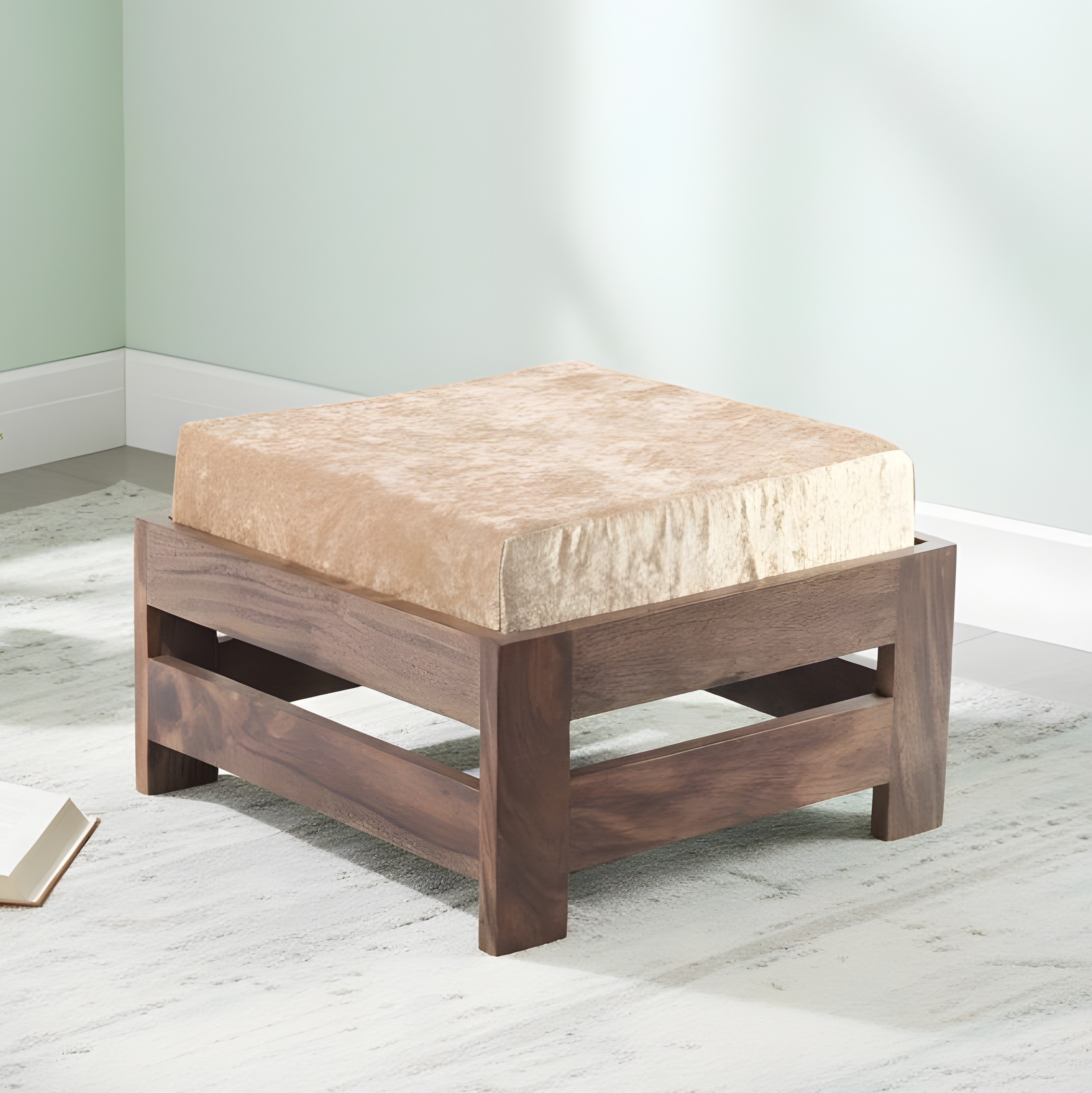 Amber Sheesham Wood Foot Stool in Teak Finish with Velvet Cream Cushion