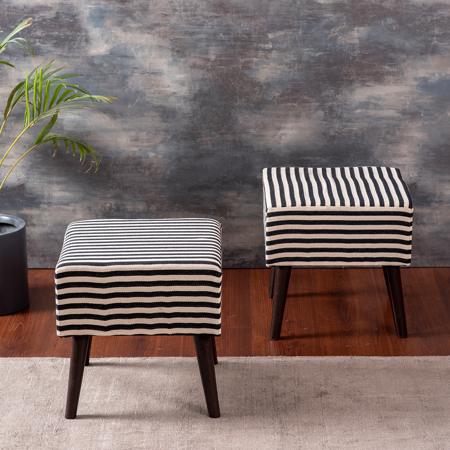 Zebra Fabric Wooden Stool in Black & White Color Set of 2 - Nestroots