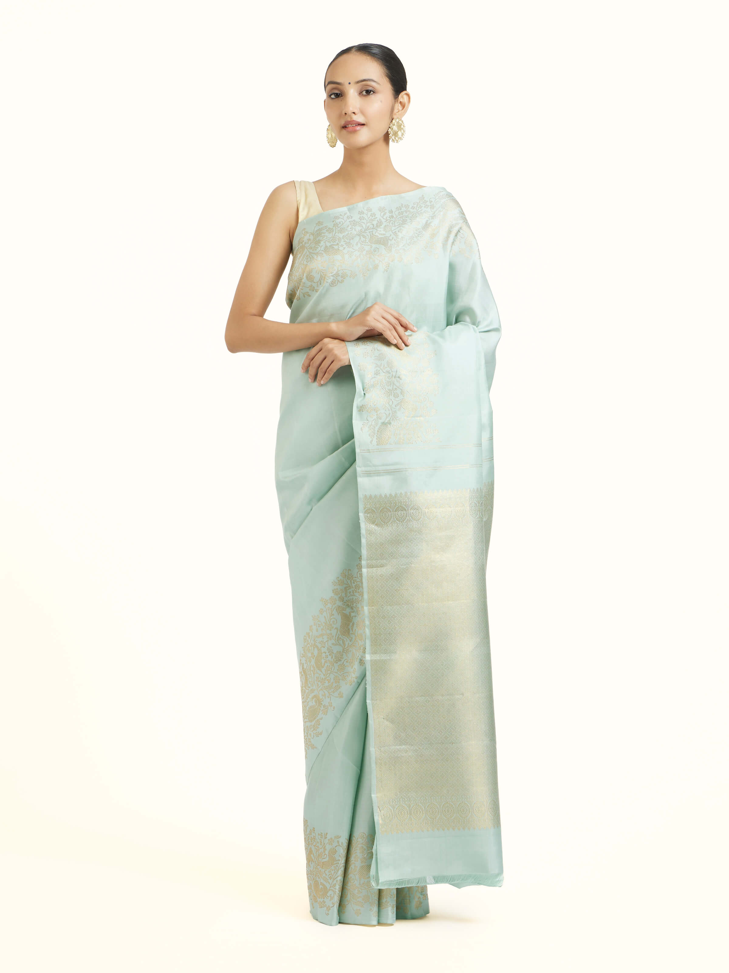 Front view of blue silk Kancheepuram saree showcasing rich colour and lustrous silk