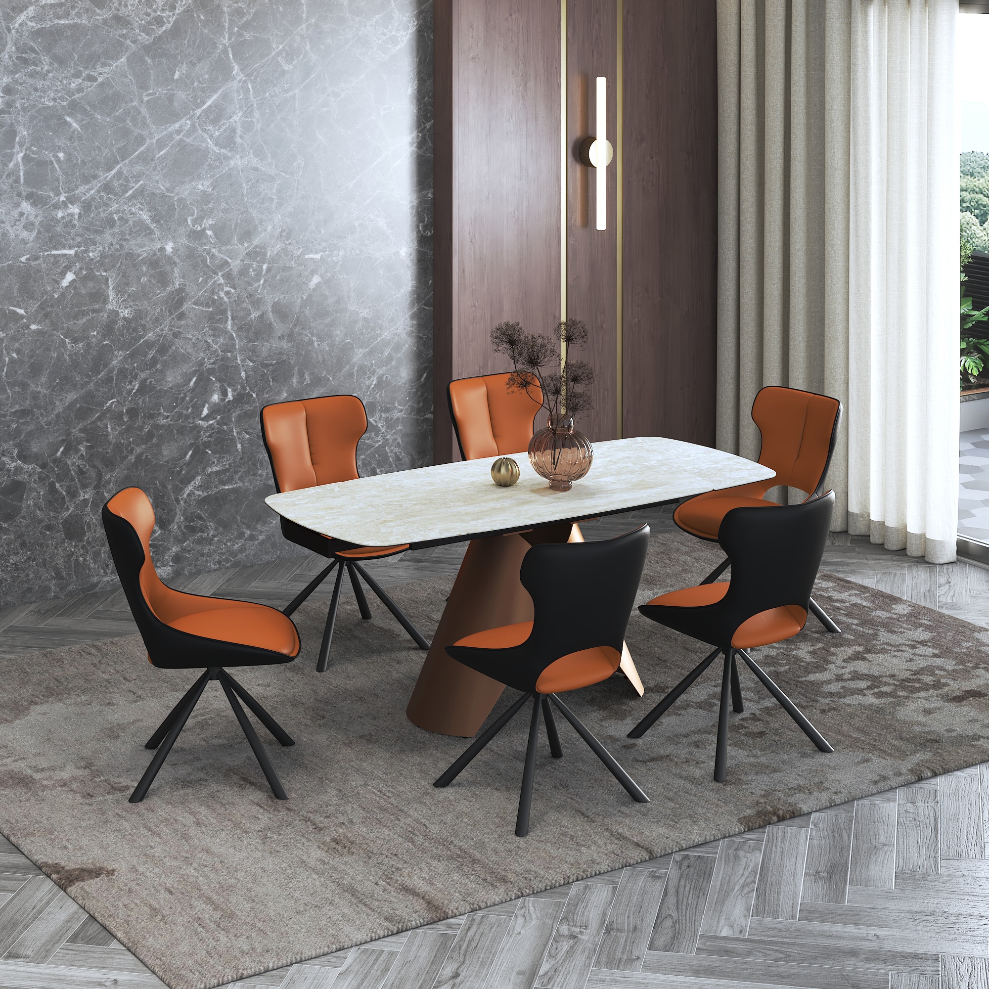 Aeris Ceramic 4 To 6 Seater Extendable Dining Table With 4 Tulip Dining Chairs (Finish : Rome Travertine, Chair Colour : Tan)