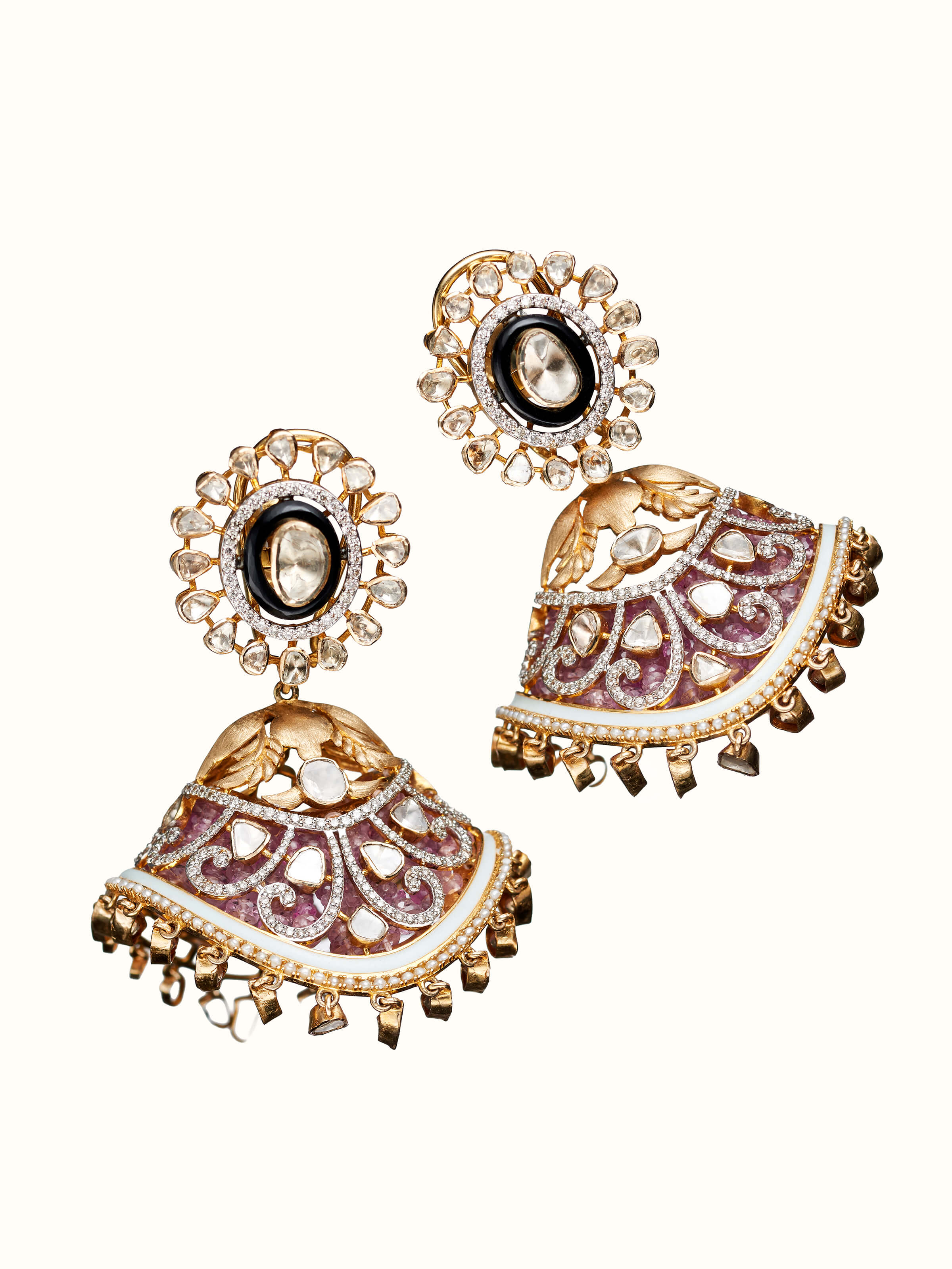 angled view of open setting 14 karat gold drop earrings