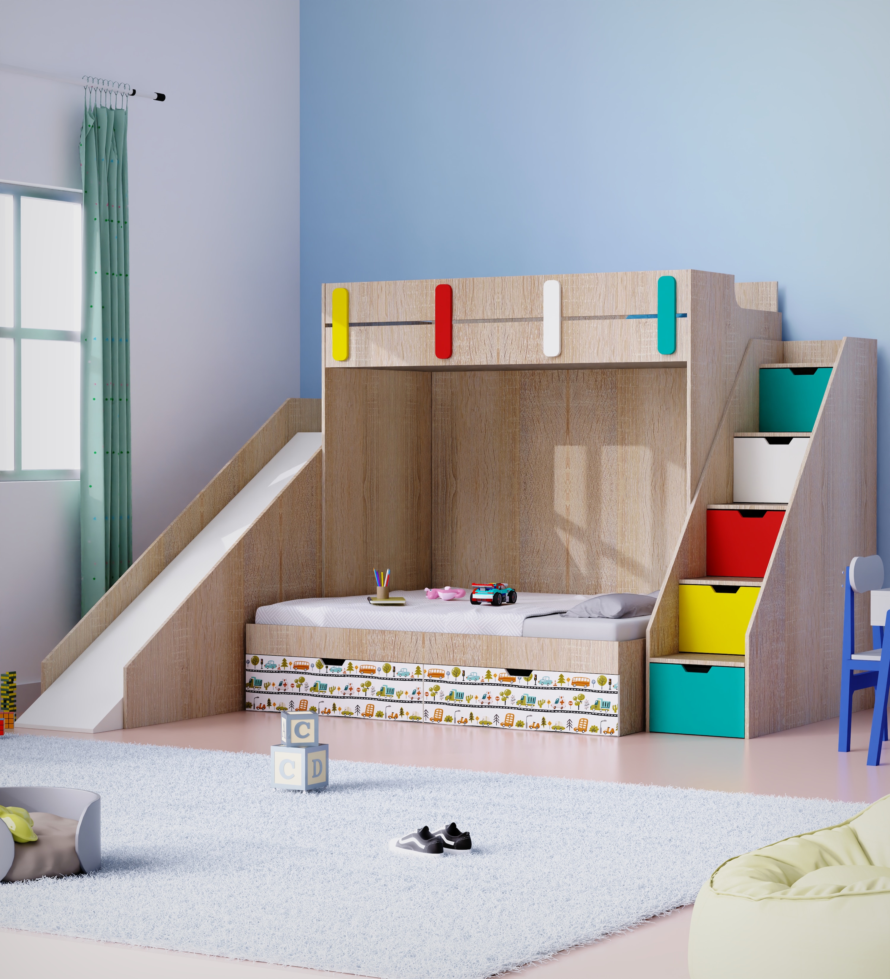 Sleep N SlideBunk Bed 6X5 Drawers On Wheels In Oak and Yellow Colour69