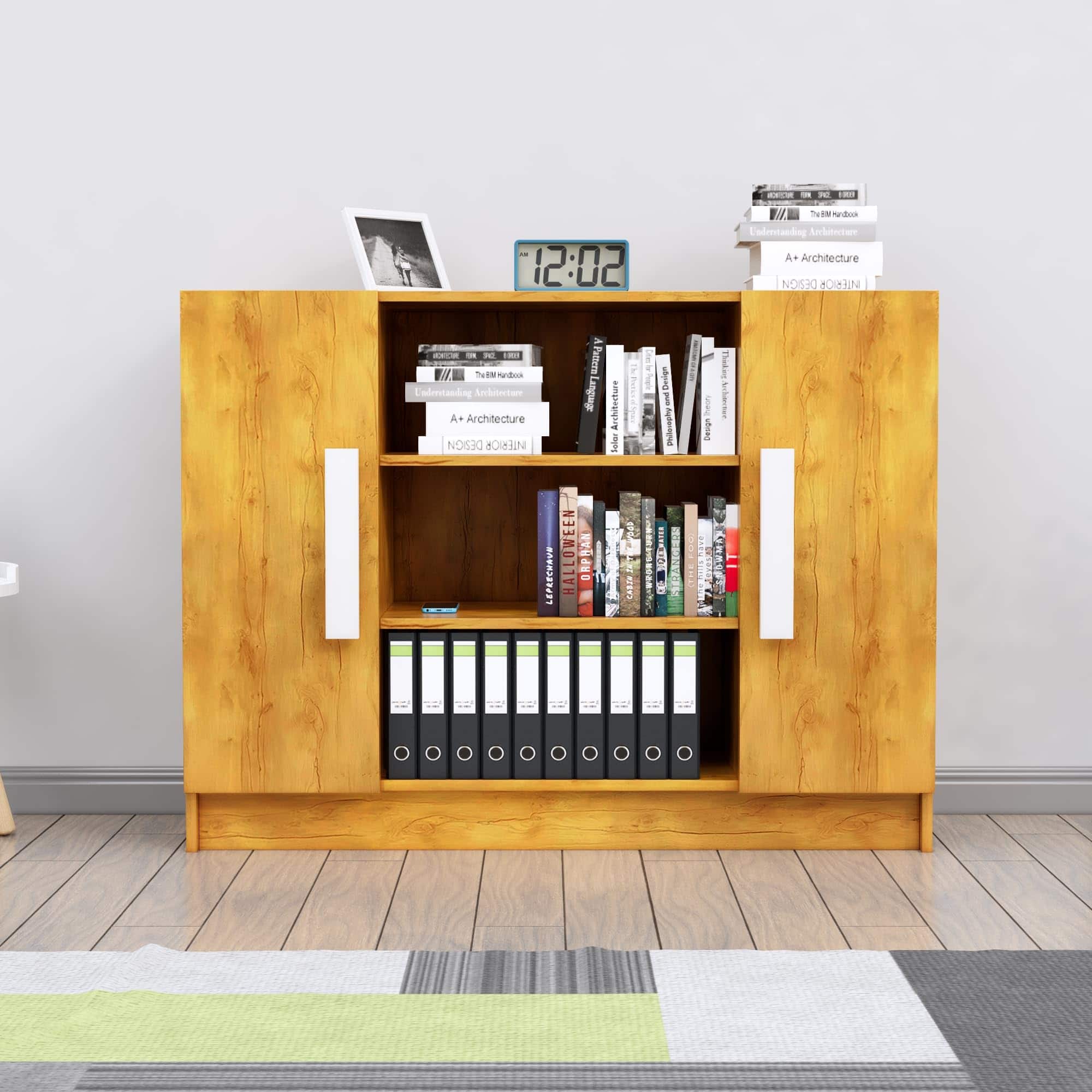 Hexa Red Bookshelf Engineered Wood Display Cabinet with Storage in Giant Wood Colour - HexaRed