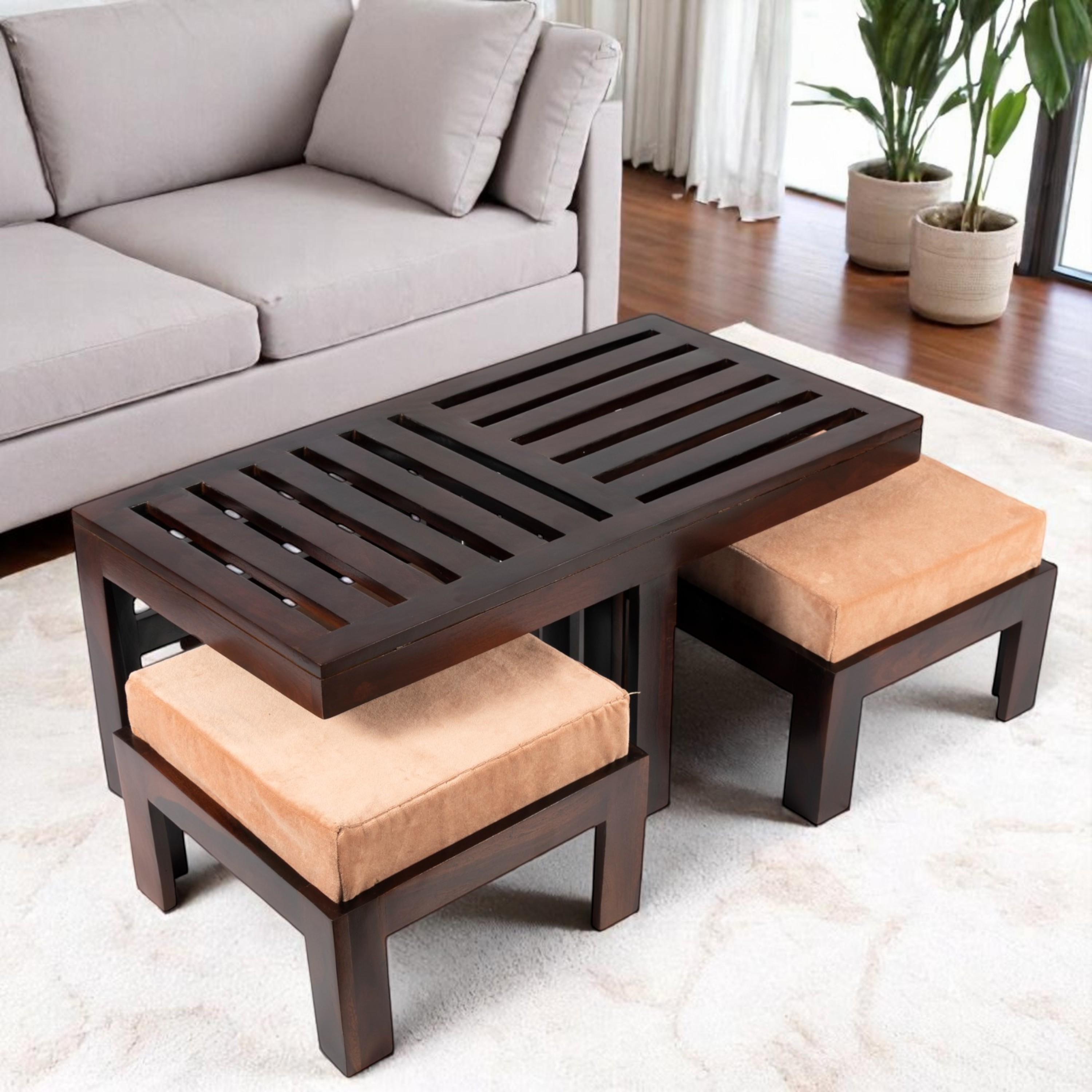 Ikiriya Sheesham Wood Accent Coffee Table Set in Dark Walnut Finish - Ikiriya