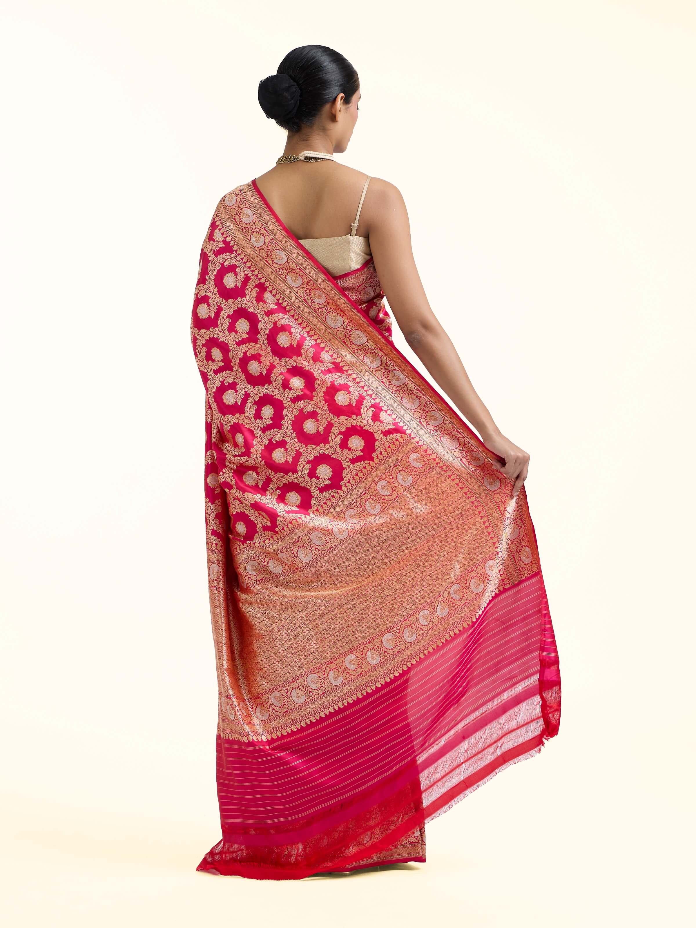 back view of pink banarasi kadhwa silk saree