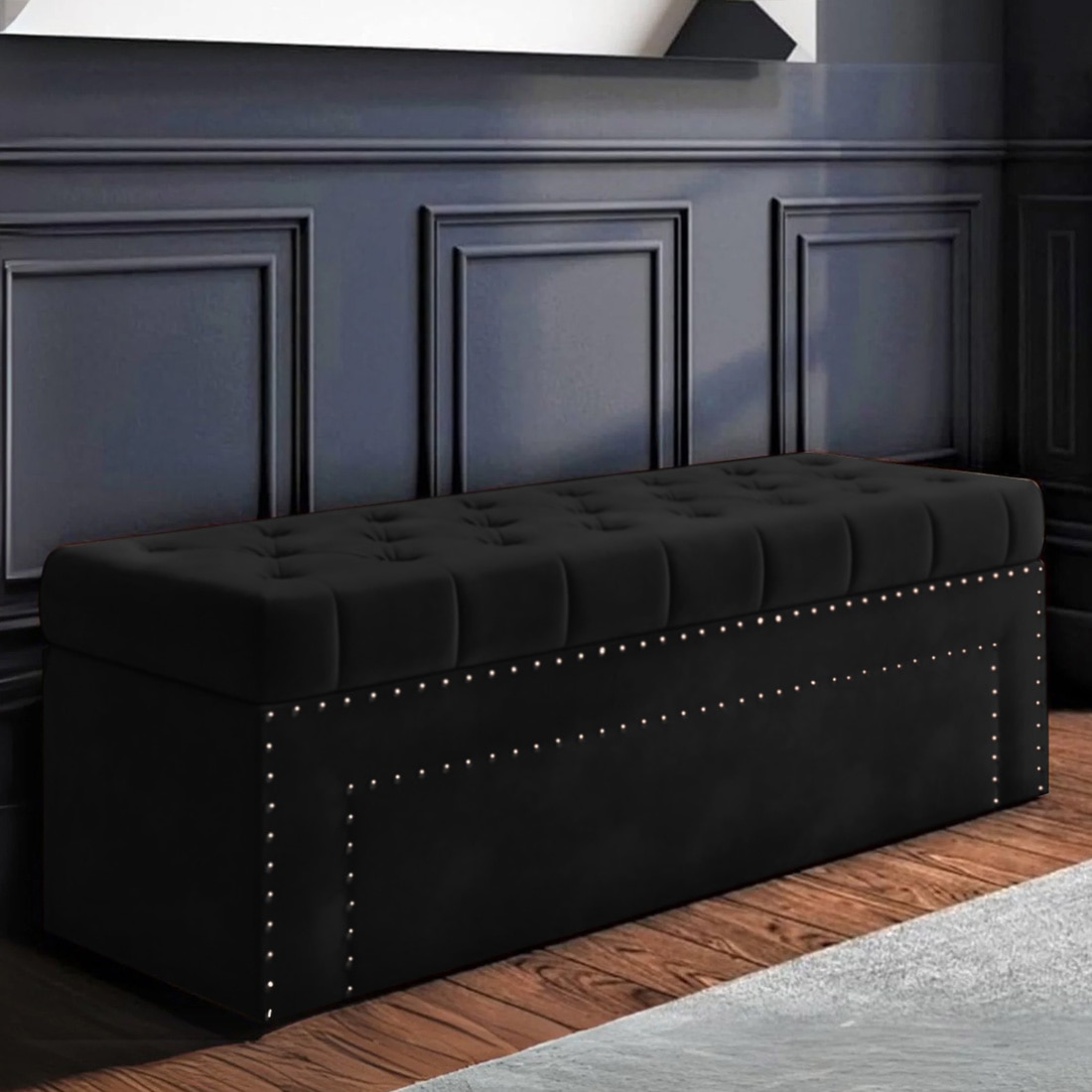 Edin Velvet 2 Seater Upholstered Bench with Storage Black Colour - Home Lifestylez