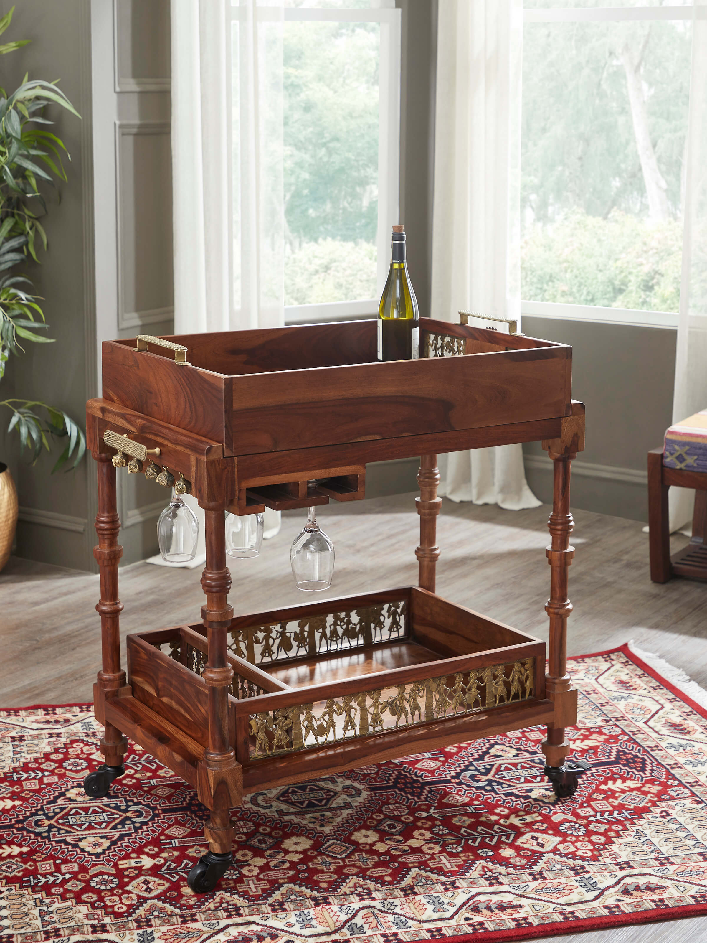 Sheesham Wood & Brass Bar Trolley