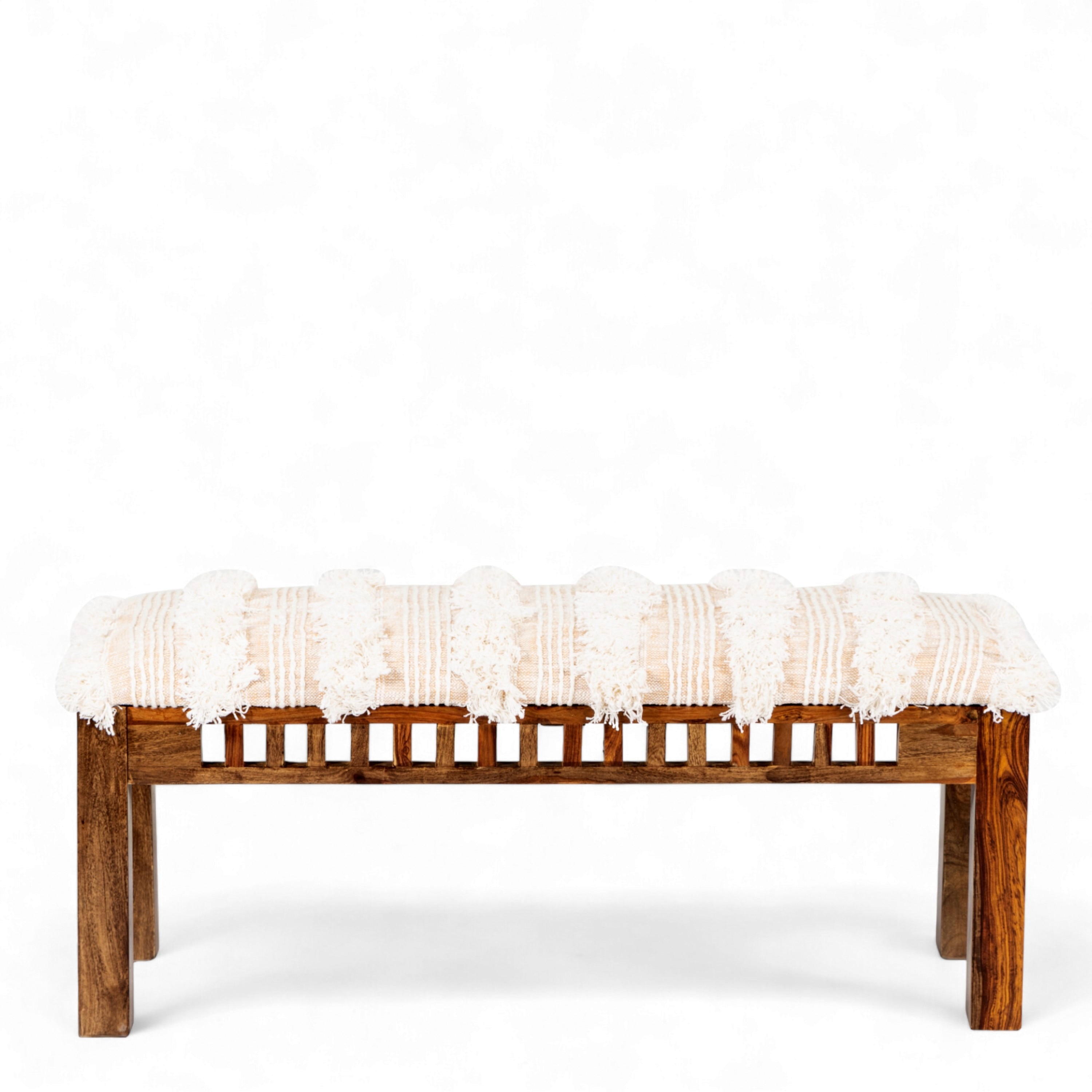 Milford Sheesham Wood Mid Century 3 Seater Bench In Beige Fabric