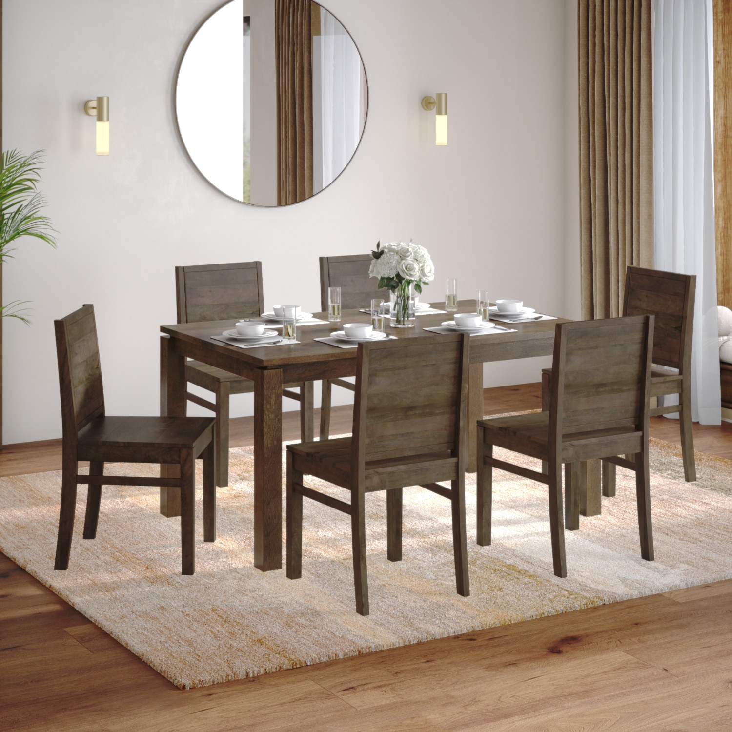 Atlas Solid Wood 6 Seater Compact Storage Dining Table With 6 Atlas Wooden Seat Dining Chairs (Finish: Danish Walnut)