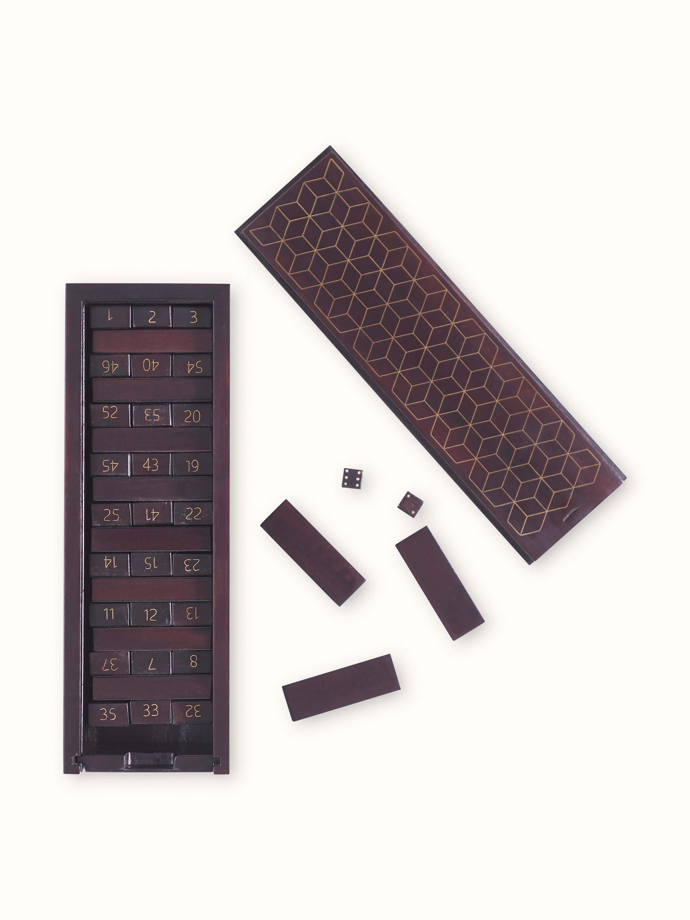 Front view of Antique-Finished Tarkashi Jenga Block Game showing the blocks and their antique finish