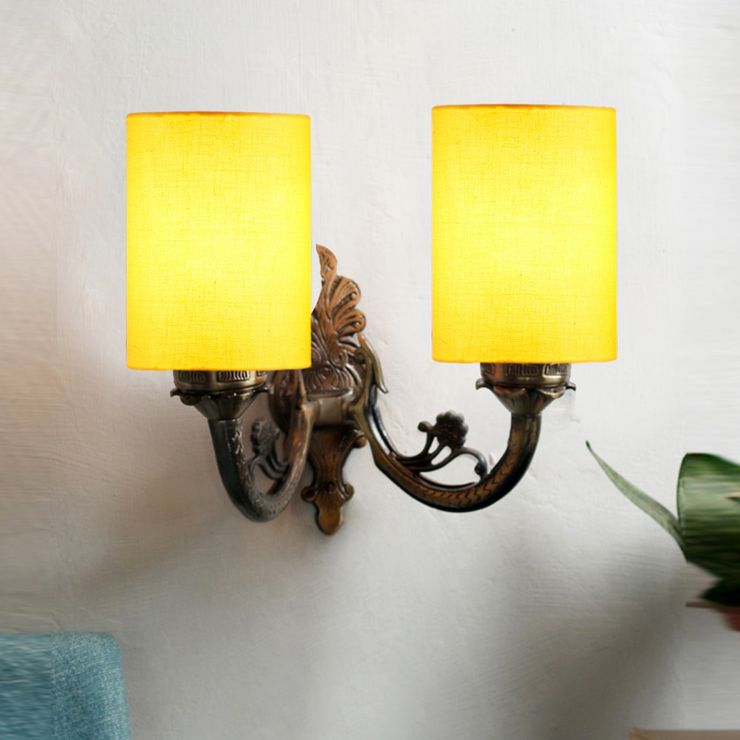 Devansh Metal Electric Wall Light in Antique Gold Colour with Yellow Shade Count of 2 Lights - Devansh