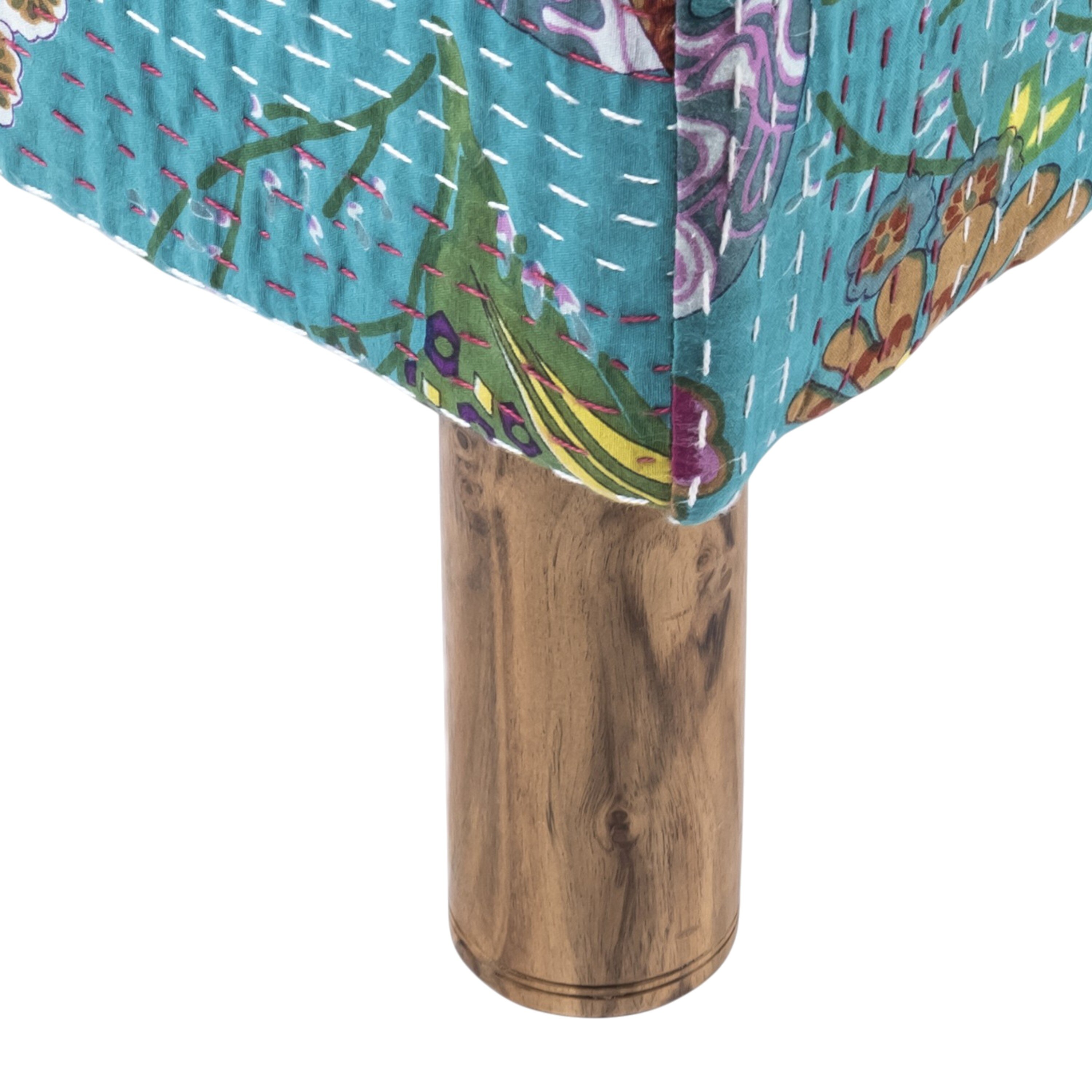 Verona Solid Wood Pouf Stool in Floral Print Green Kantha Fabric