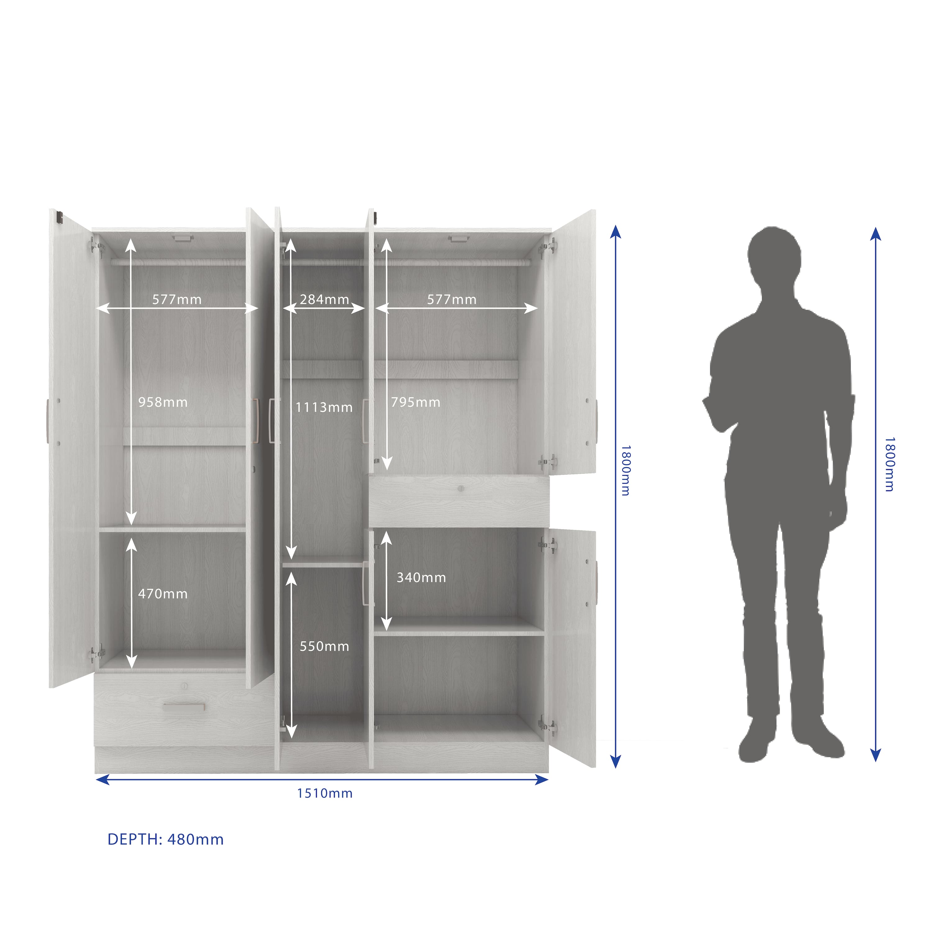 Ren 5 Door Engineered Wood Wardrobe in Silver Oak Finish