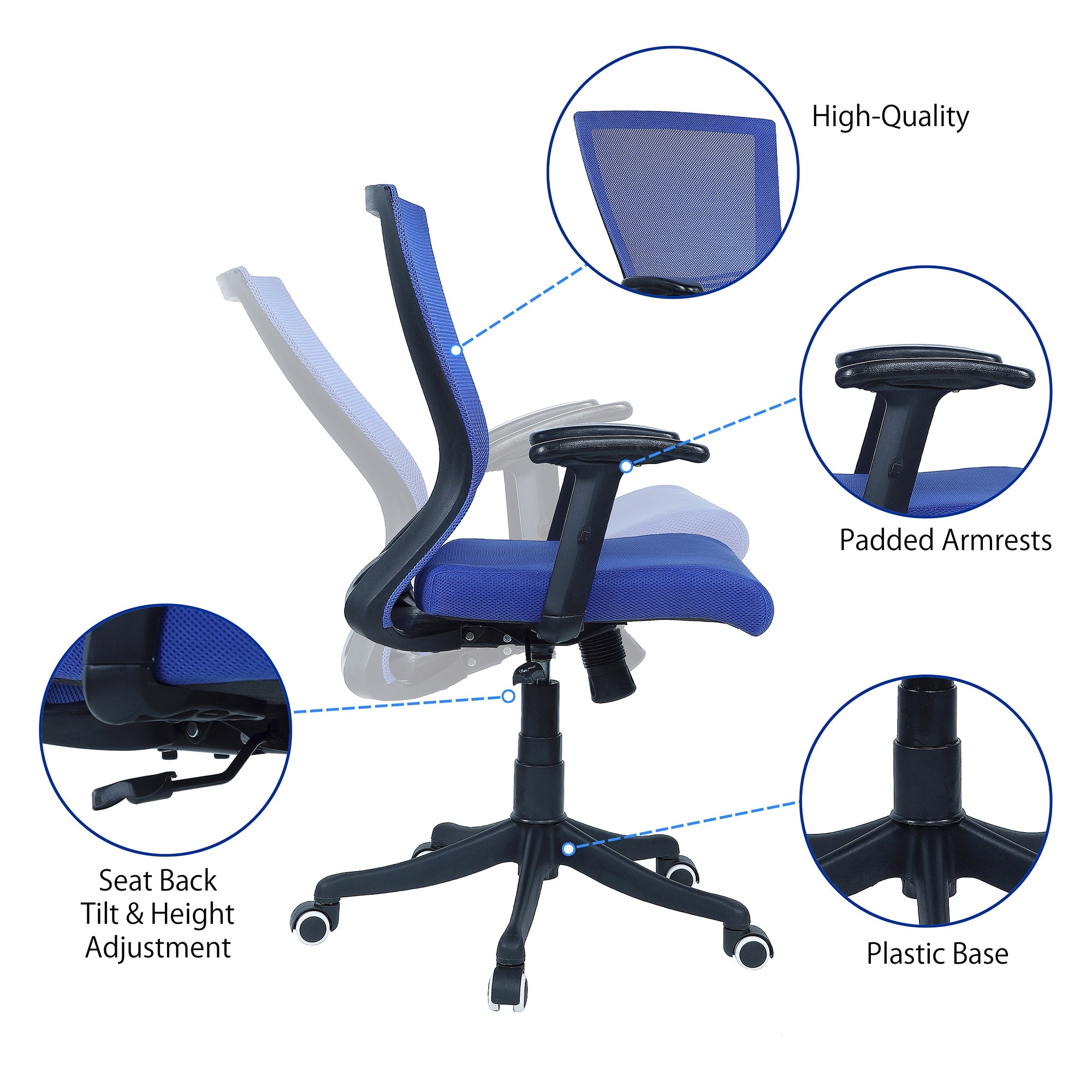 Ebeaony Mid Back Ergonomic Chair in Blue Colour