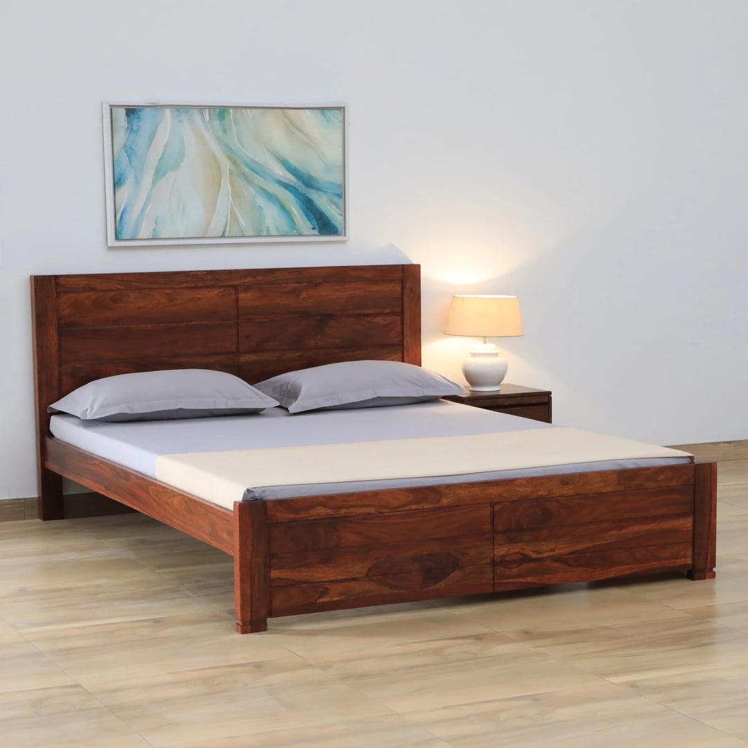 Sagar Solid Wood Queen  Size Bed Without Storage (Provincial Teak Finish) - Interior Valley