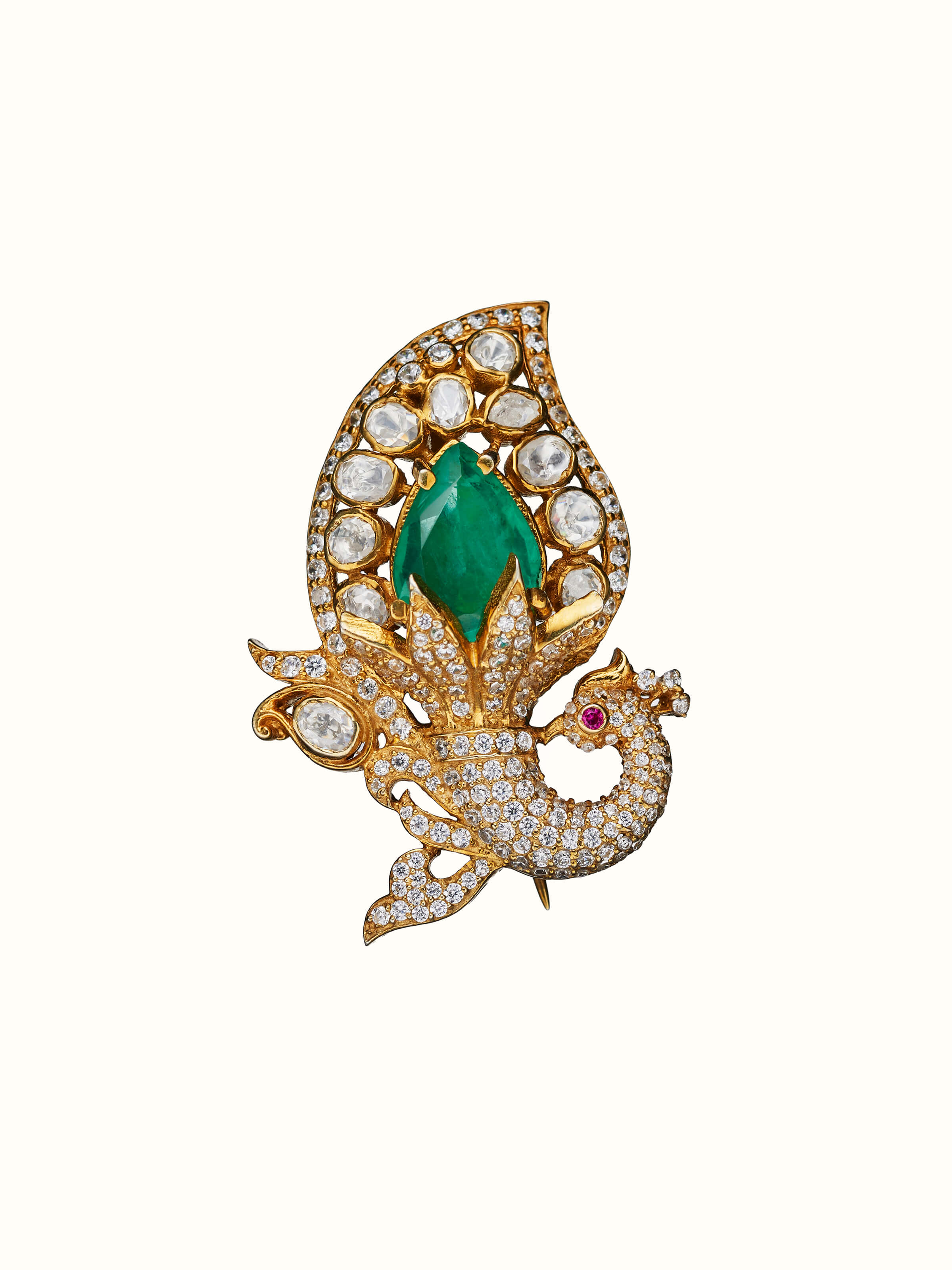 front view of silver smithing yellow gold brooch pin with intricate design