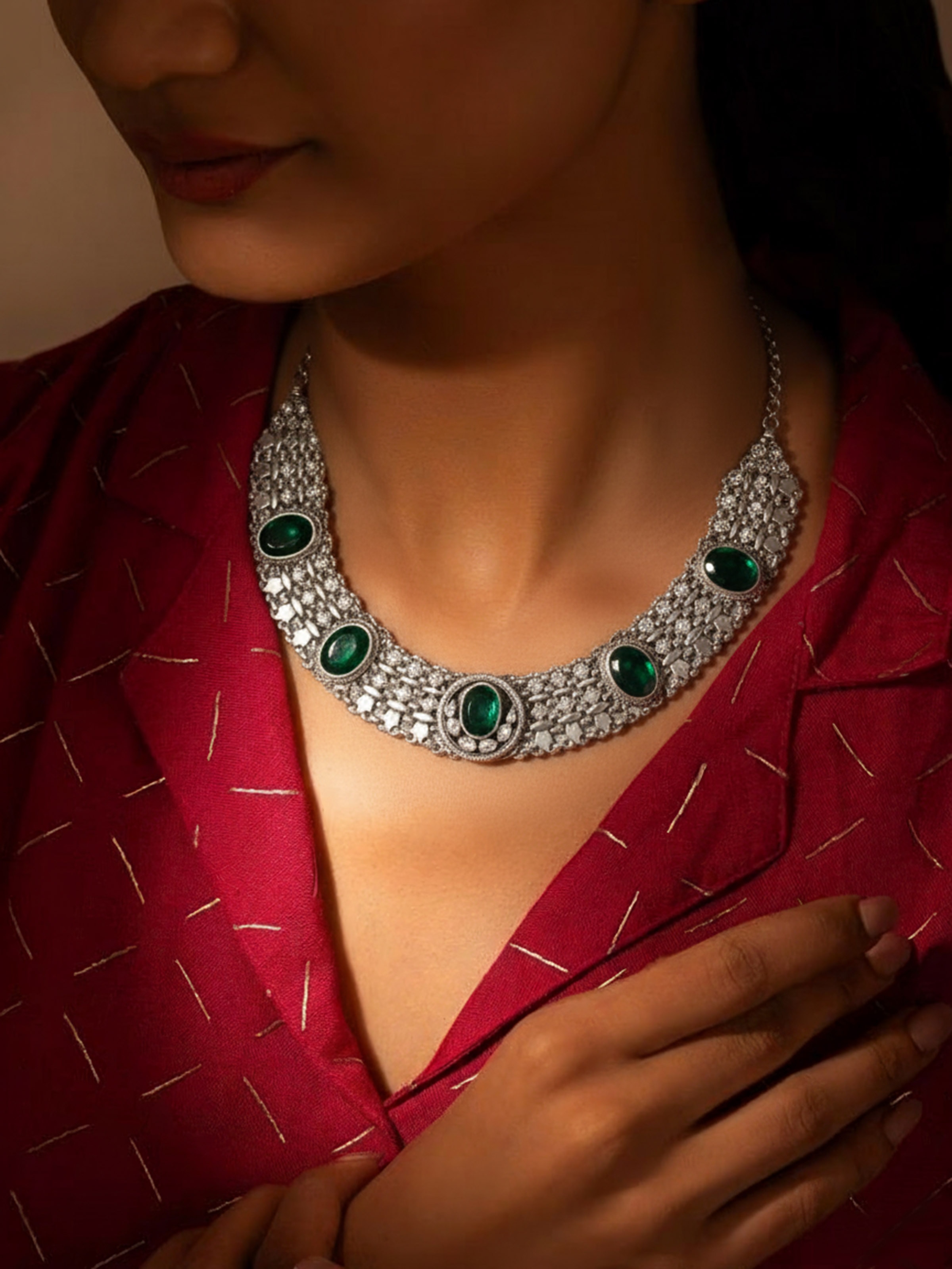 Lifestyle view of silver smithing collar necklace