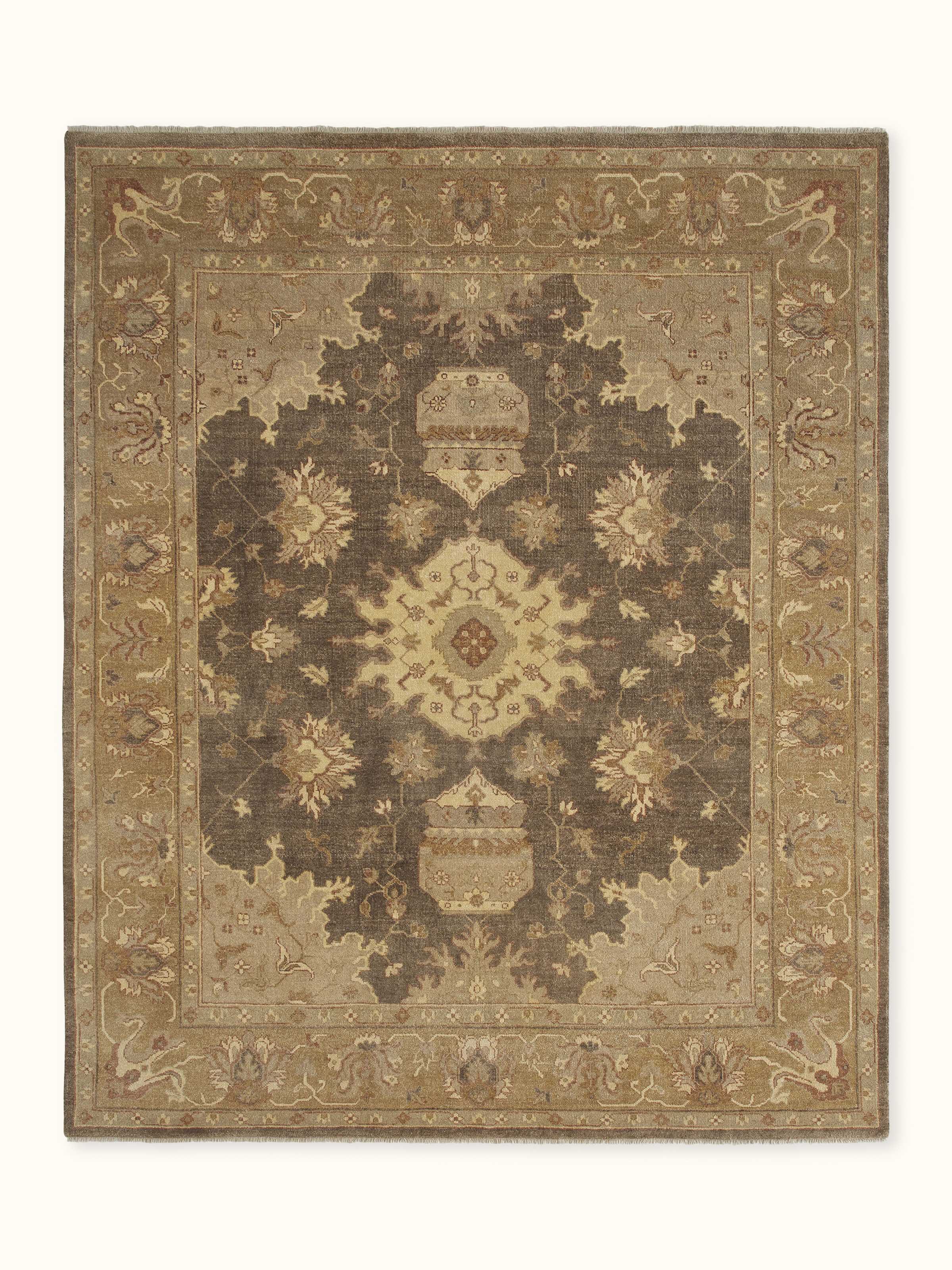 Front view showcasing the traditional Oushak design in dark brown hues