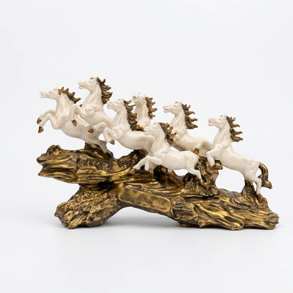 Seven Horse Royal Gallop Horse Sculpture in White Colour - Vedas