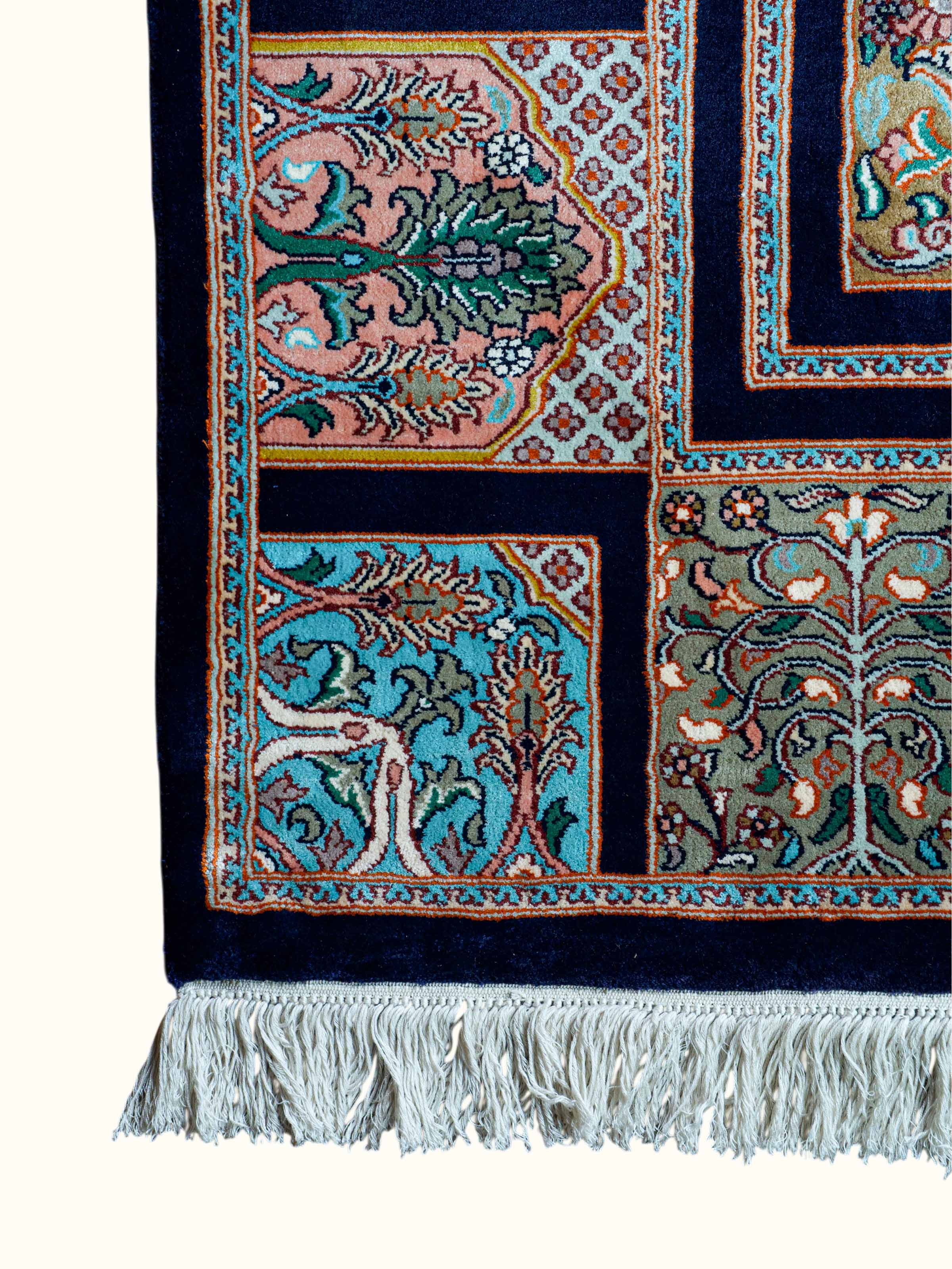 Traditional Persian Navy Pink Hamadan Kashmir Silk Hand-Knotted Carpet