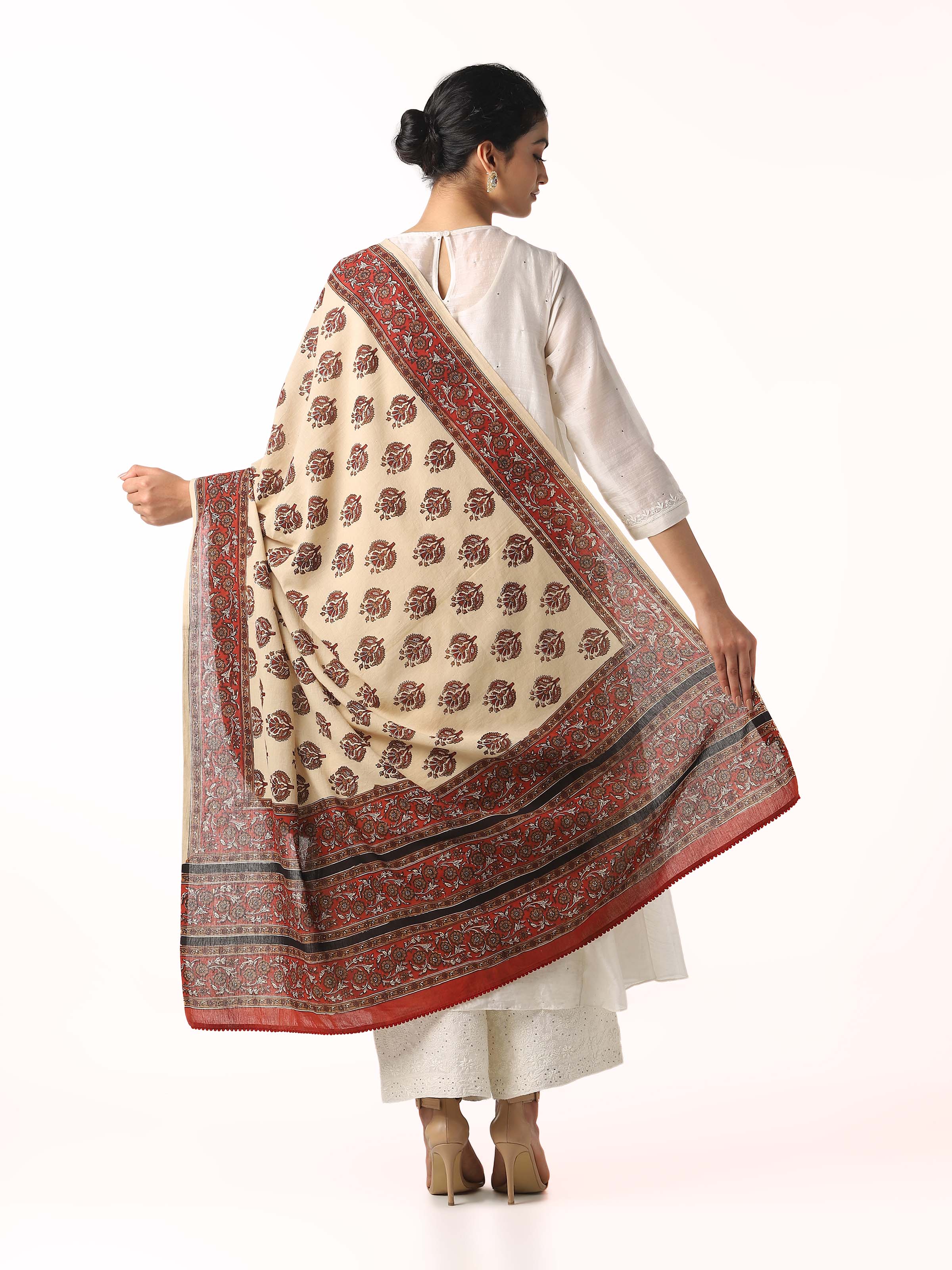 Beige Cotton Bagru Block Printed Dupatta