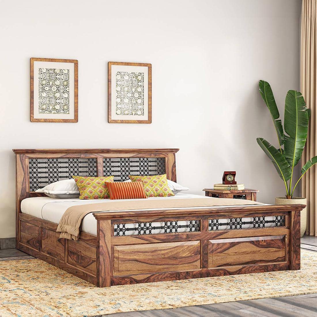 Bunai Solid Wood King Size Box Storage Bed In Teak Finish