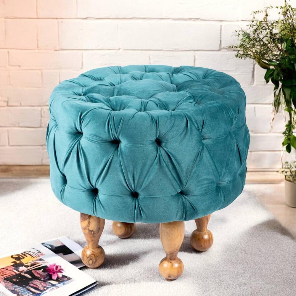 Louisville Acacia Wood Accent Round Pouf Stool in Turquoise