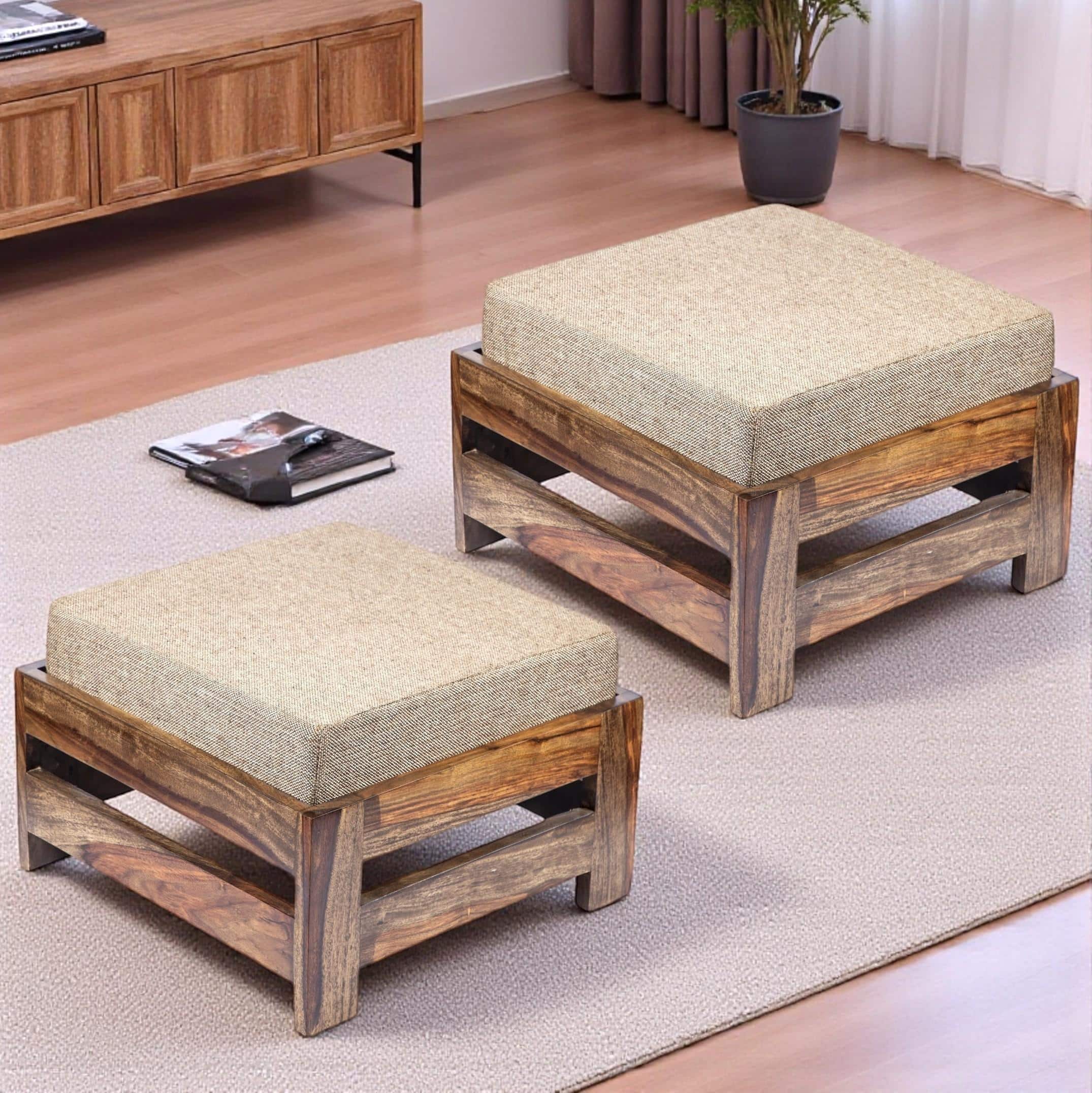 Amber Sheesham Wood Foot Stool in Teak Finish with Jute Beige Cushion