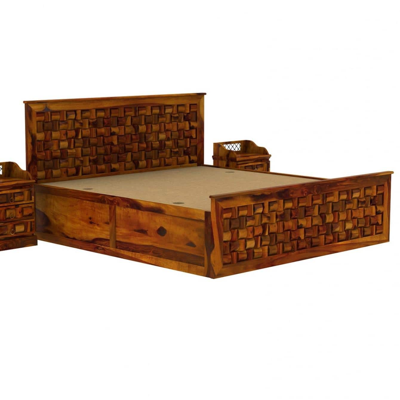 Moglis Solid Wood King Size Bed With Box Storage Bed In Honey Oak Finish