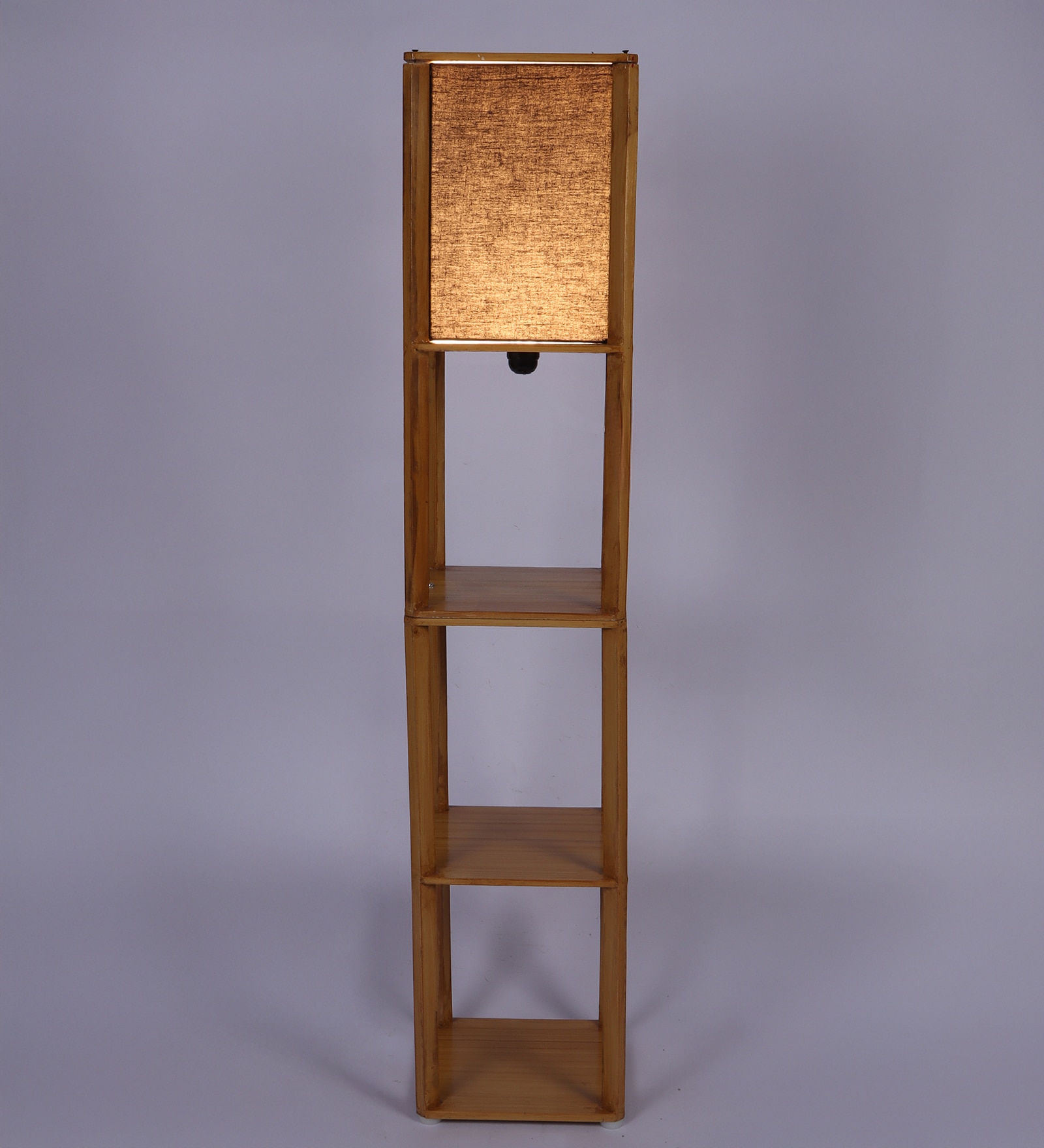 Teak Polish Square Stool Floor Lamp with Black Shade