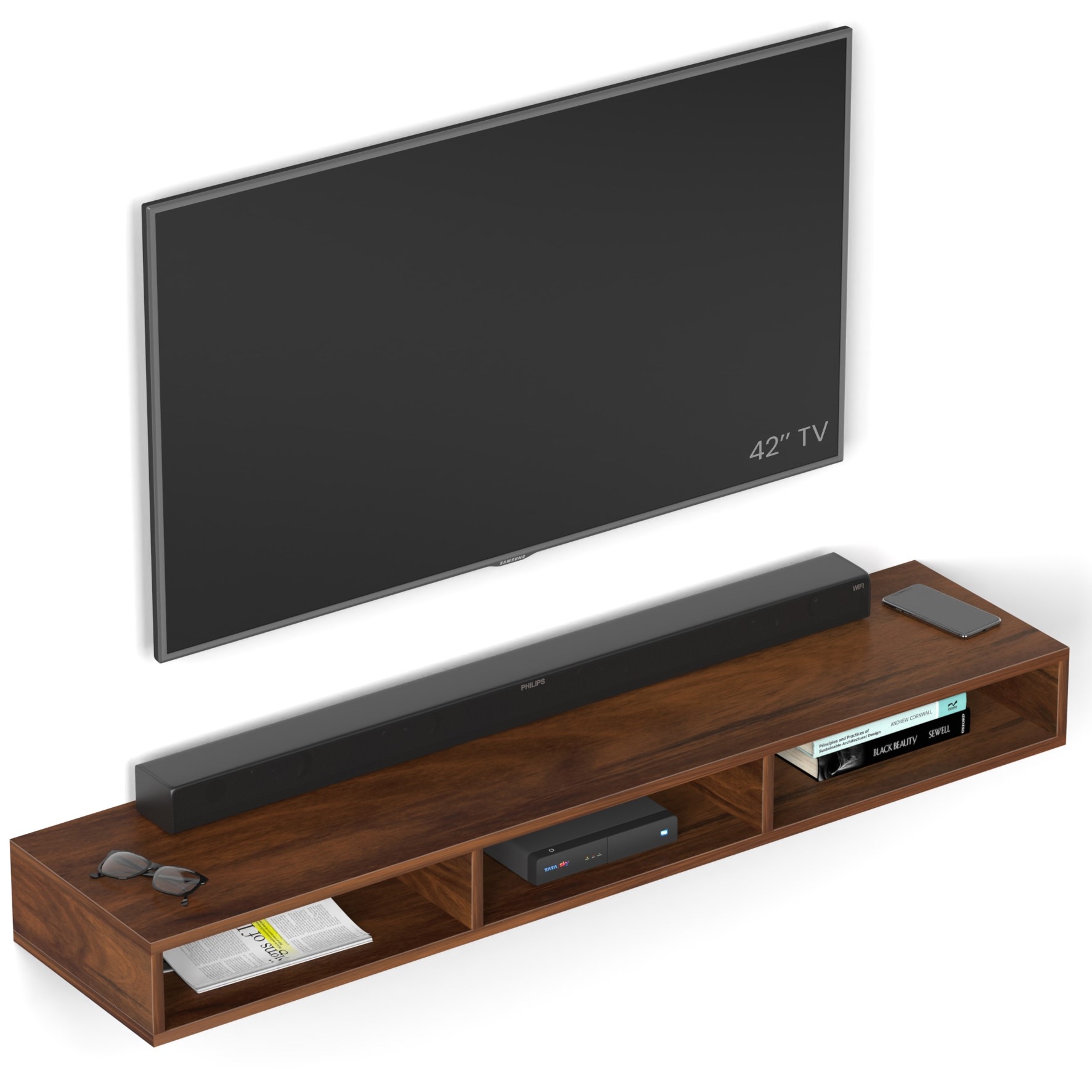 BLUEWUD Primax Solo Standard Engineering Wood Wall Mount TV Entertainment Unit Set Top Box Stand/TV Cabinet Panel with Shelves for Books & D�cor Display Unit, Ideal for 50" (Brown Maple)