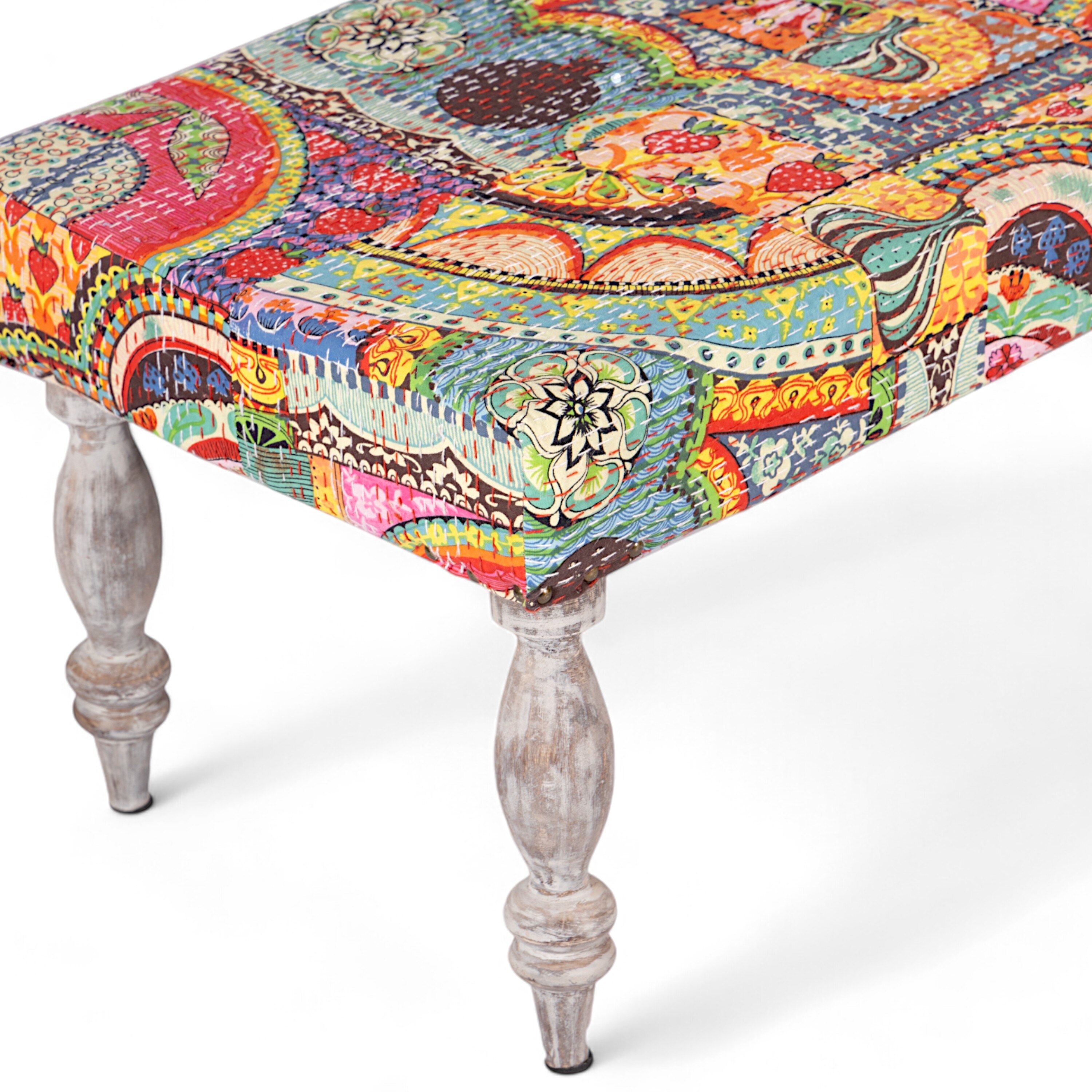Bestone Sheesham Wood Bohemian 2+1+1 Seater Bench Set With 2 Stools In Israel Print Patchwork Kantha