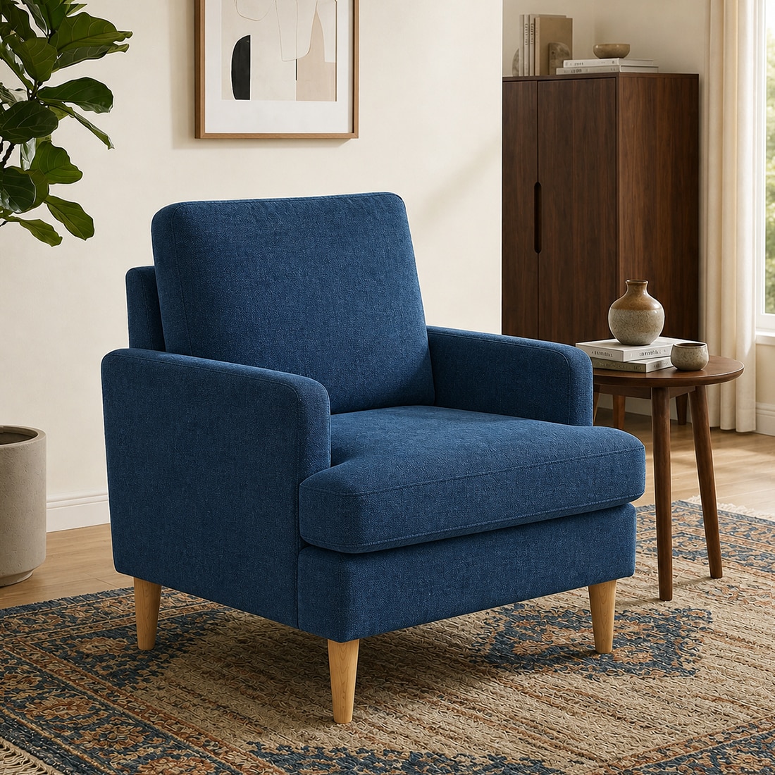 Oliver Boucle Fabric Lounge Chair in Blue Colour - KURSIWALLAH