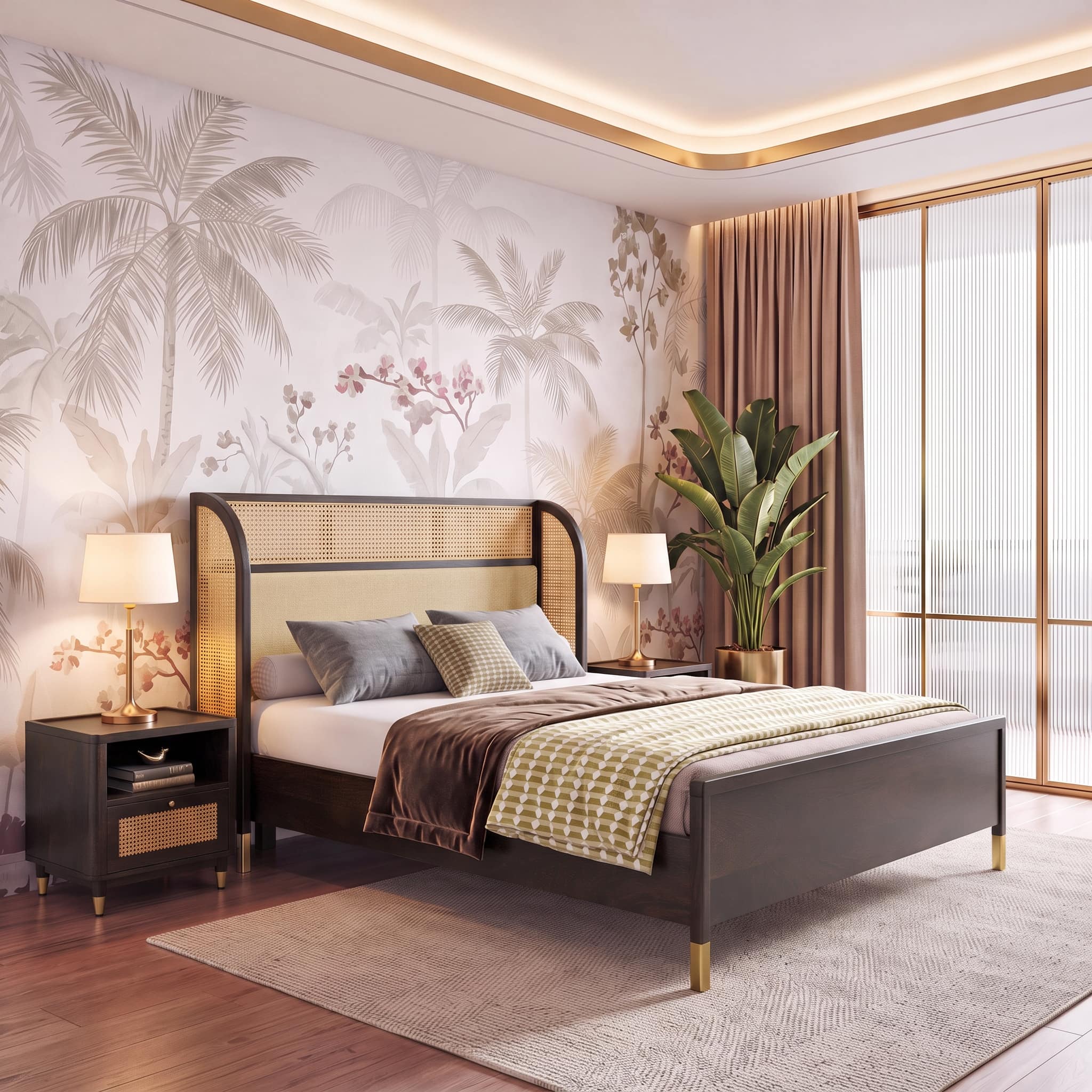 Fiji Wingback Cane and Solid Wood King Size Non-Storage Bed in Almond beige - Urban Ladder