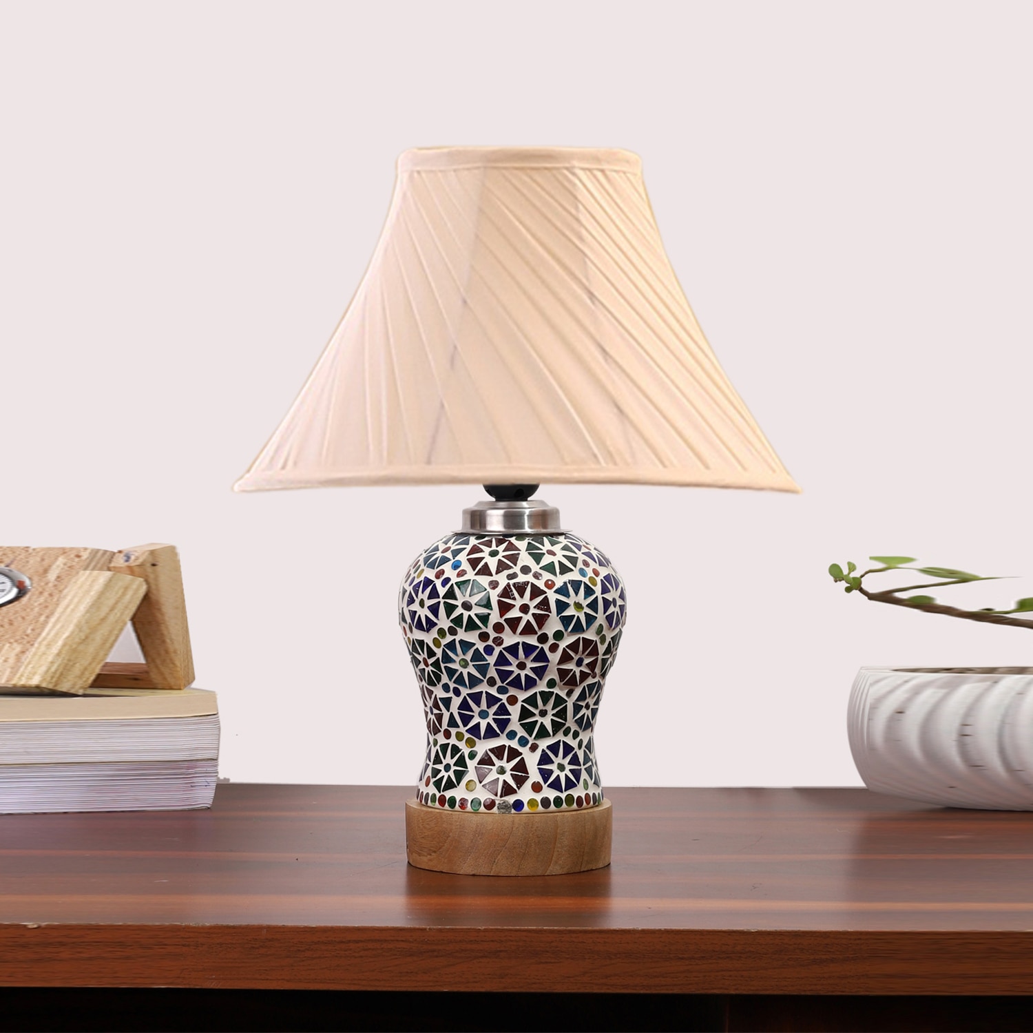 Devansh Off-White Cotton Shade Cross Pleated Lamp With Wood & Mosaic Glass Base For Decoration/Office/Home/Gifting/Study For Decoration/Office/Home/Gifting/Study