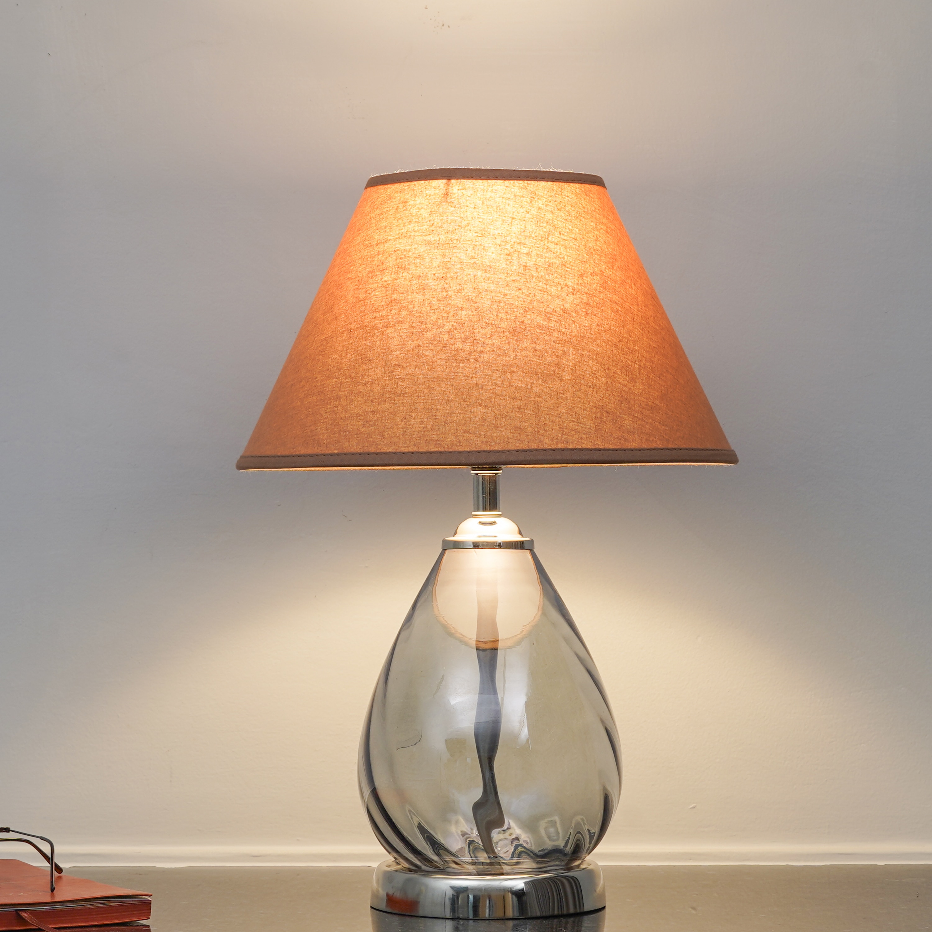 DECADE Blue Luster Glass and Metal Table Lamp With Beige Cotton Shade - Kapoor Lamp Shades