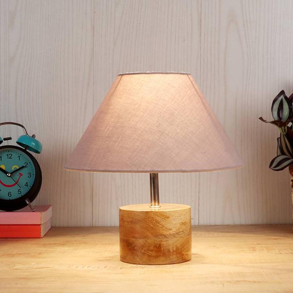 Ayn Grey Fabric Shade Table Lamp with Natural Wooden Base