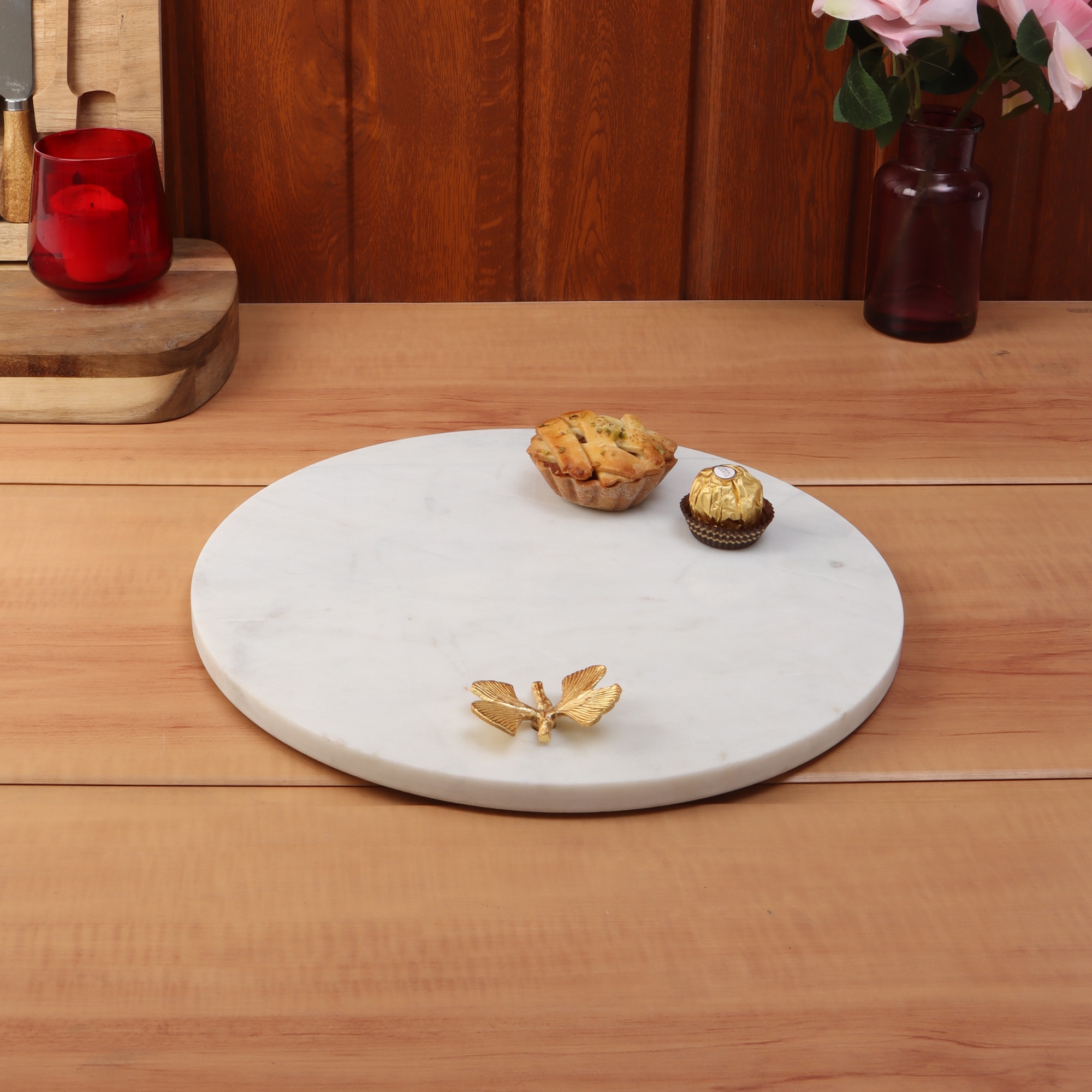 Marble Platter Plain White Round With Gold Foil Work   Metal Butterfly Embedded