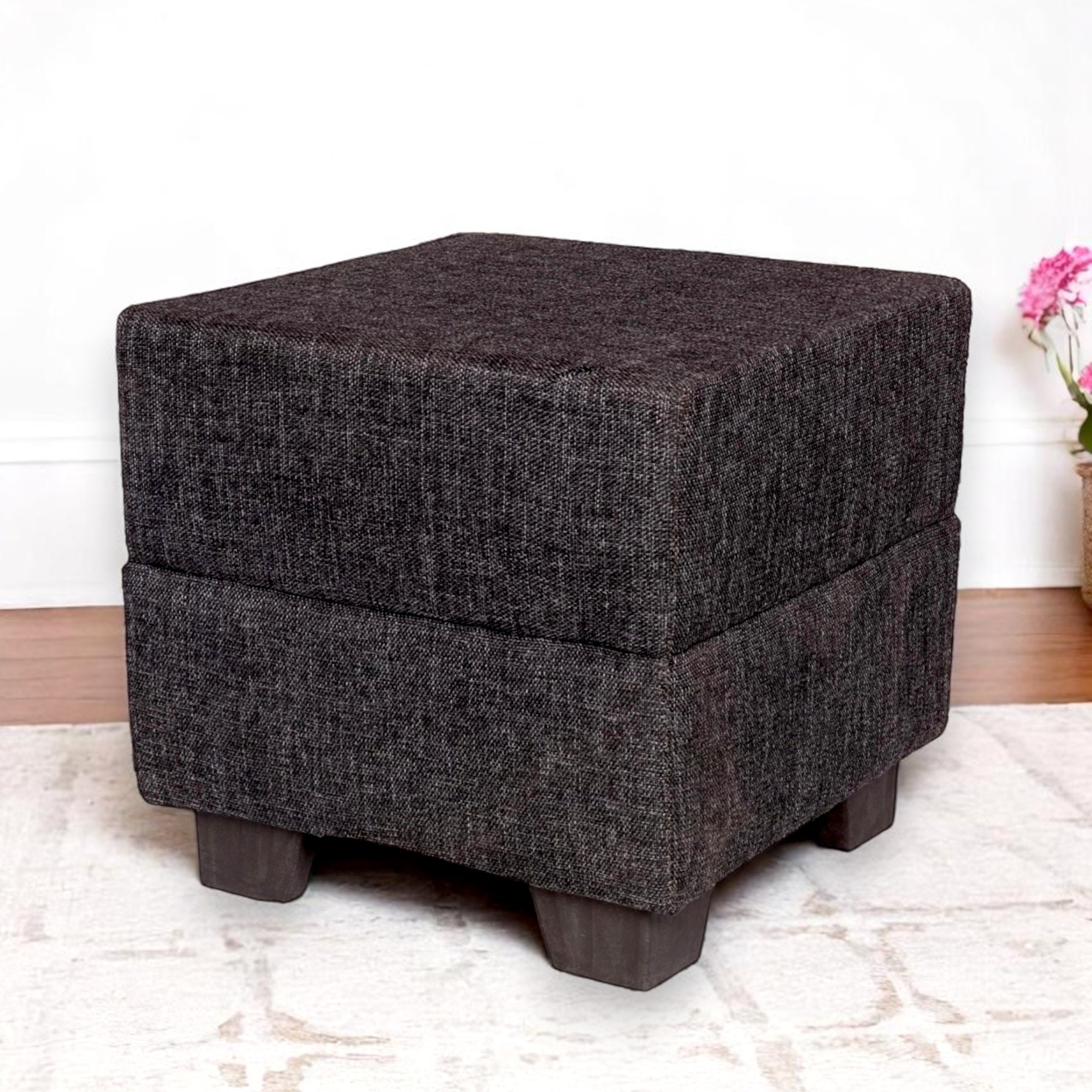 Iris Solid Wood Pouffee in Jute Black Fabric - Ikiriya