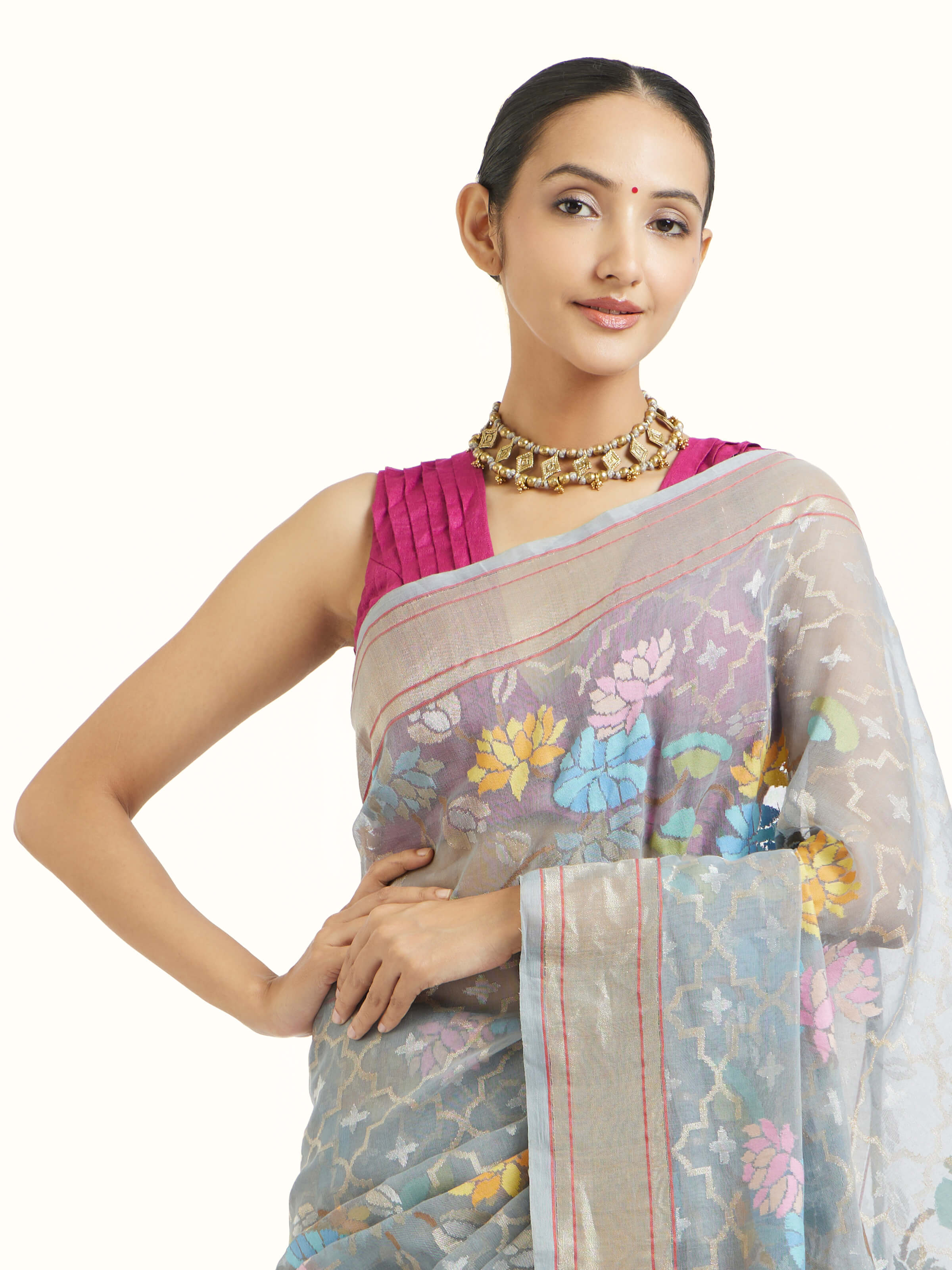 Grey Cotton Awadh Jamdani Banarasi Saree