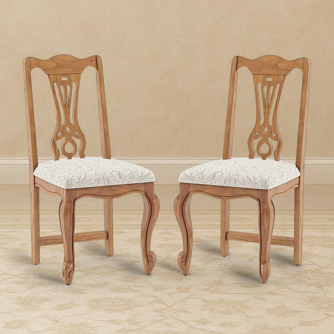 Taahira Set Of 2 Dining Chair In Natural Teak Finish With Monochrome Paisley Colour