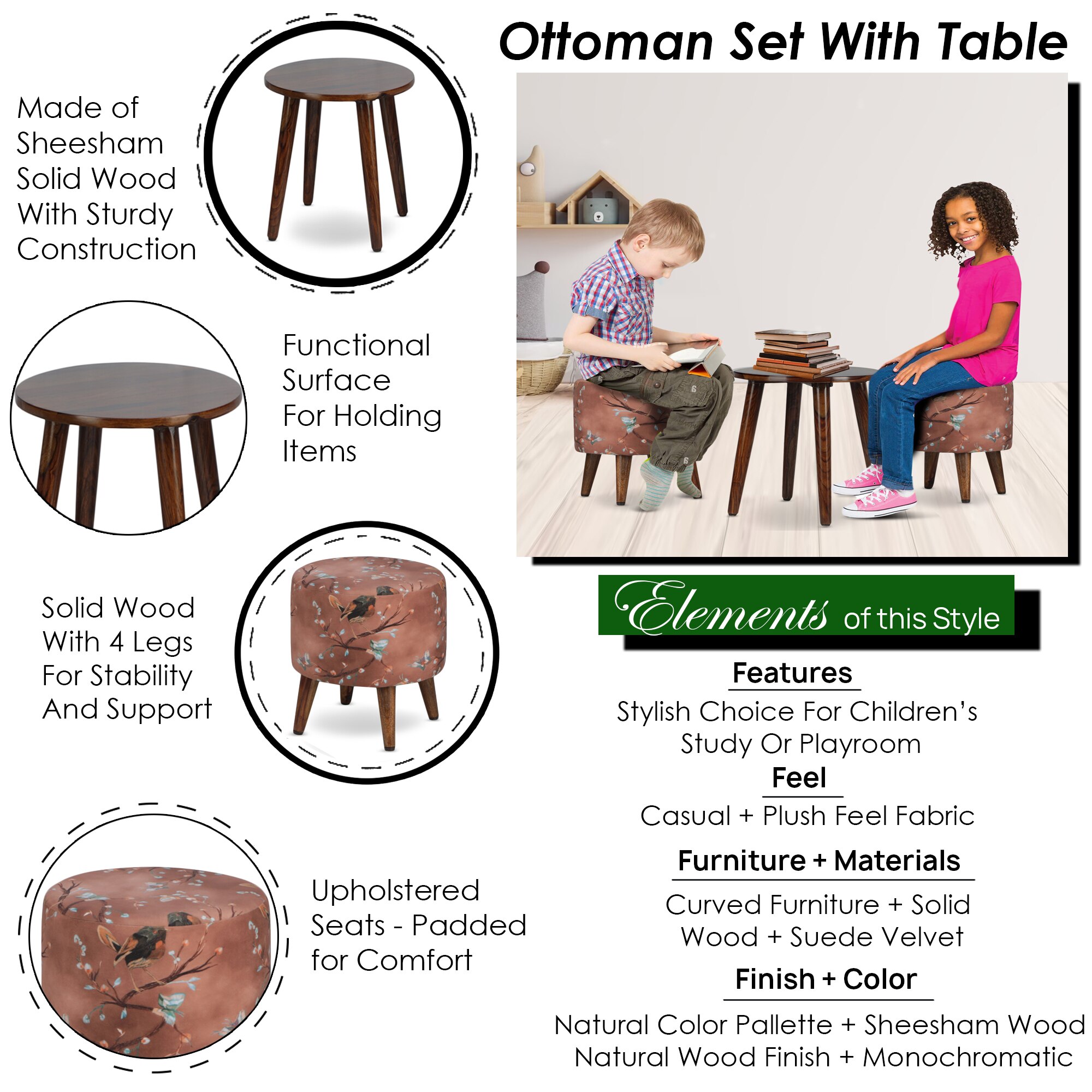 Luke Solid Wood  Ottomon in  Brown Colour