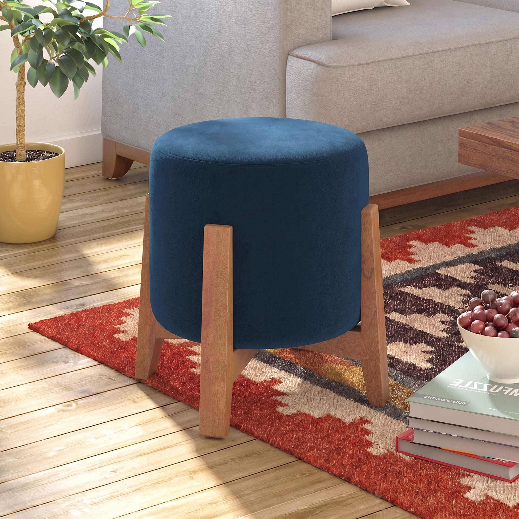 Nicole Stool In Amber Walnut Finish With Blue Micro Velvet Colour