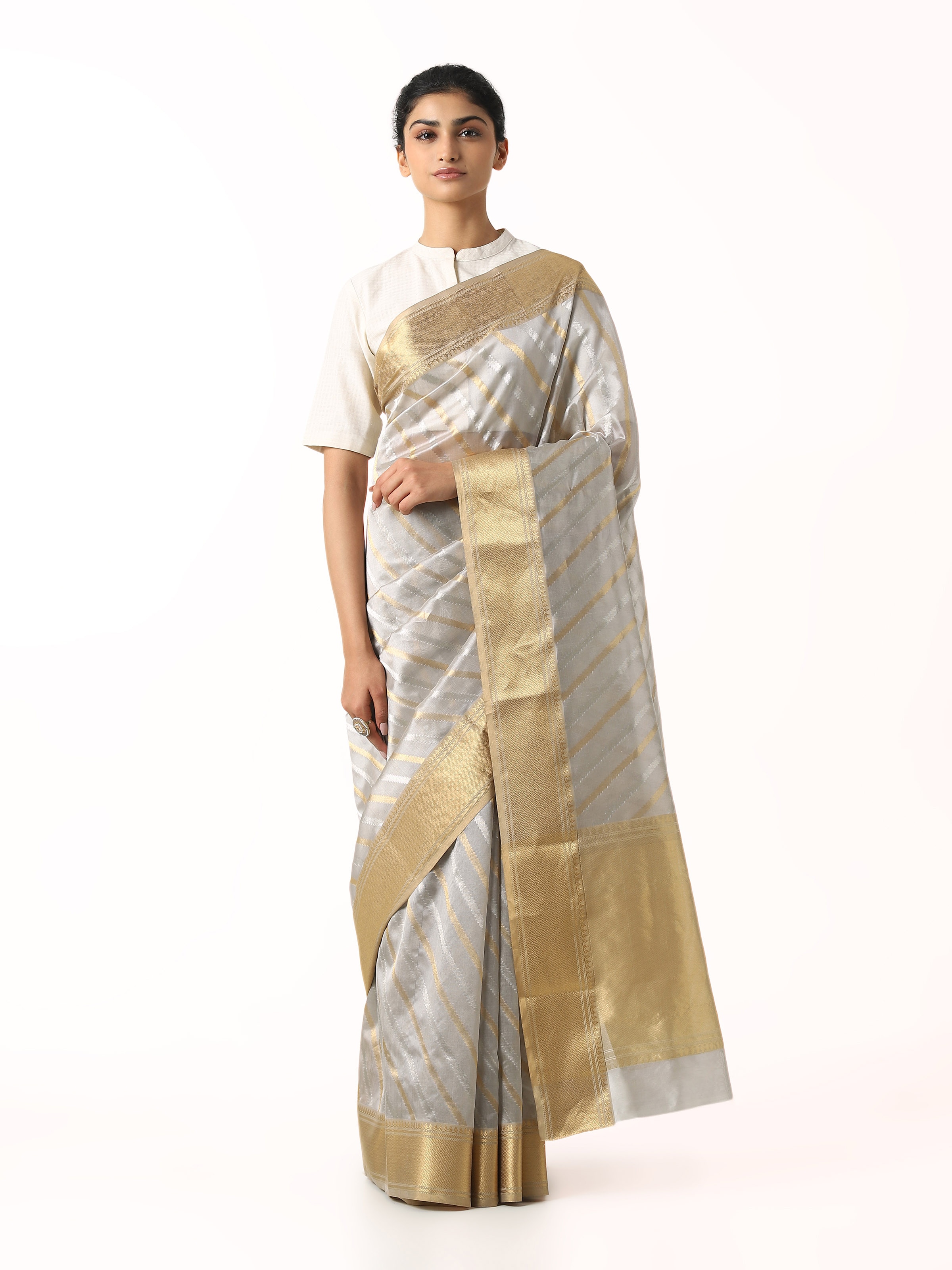 Front view of grey cotton silk Chanderi saree showcasing subtle sheen