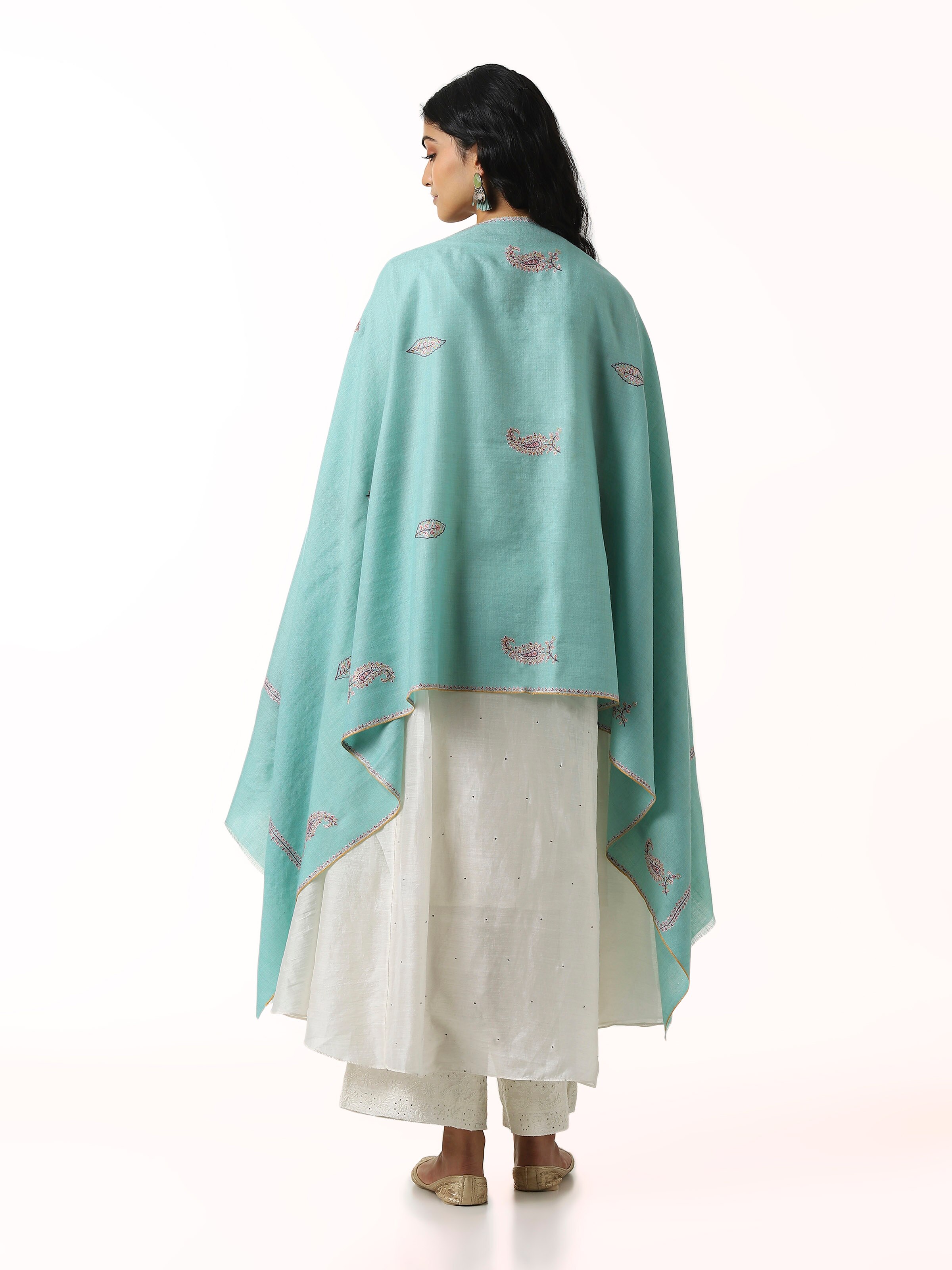 Back view of rust jalidar sozni embroidered stole displaying full pattern layout