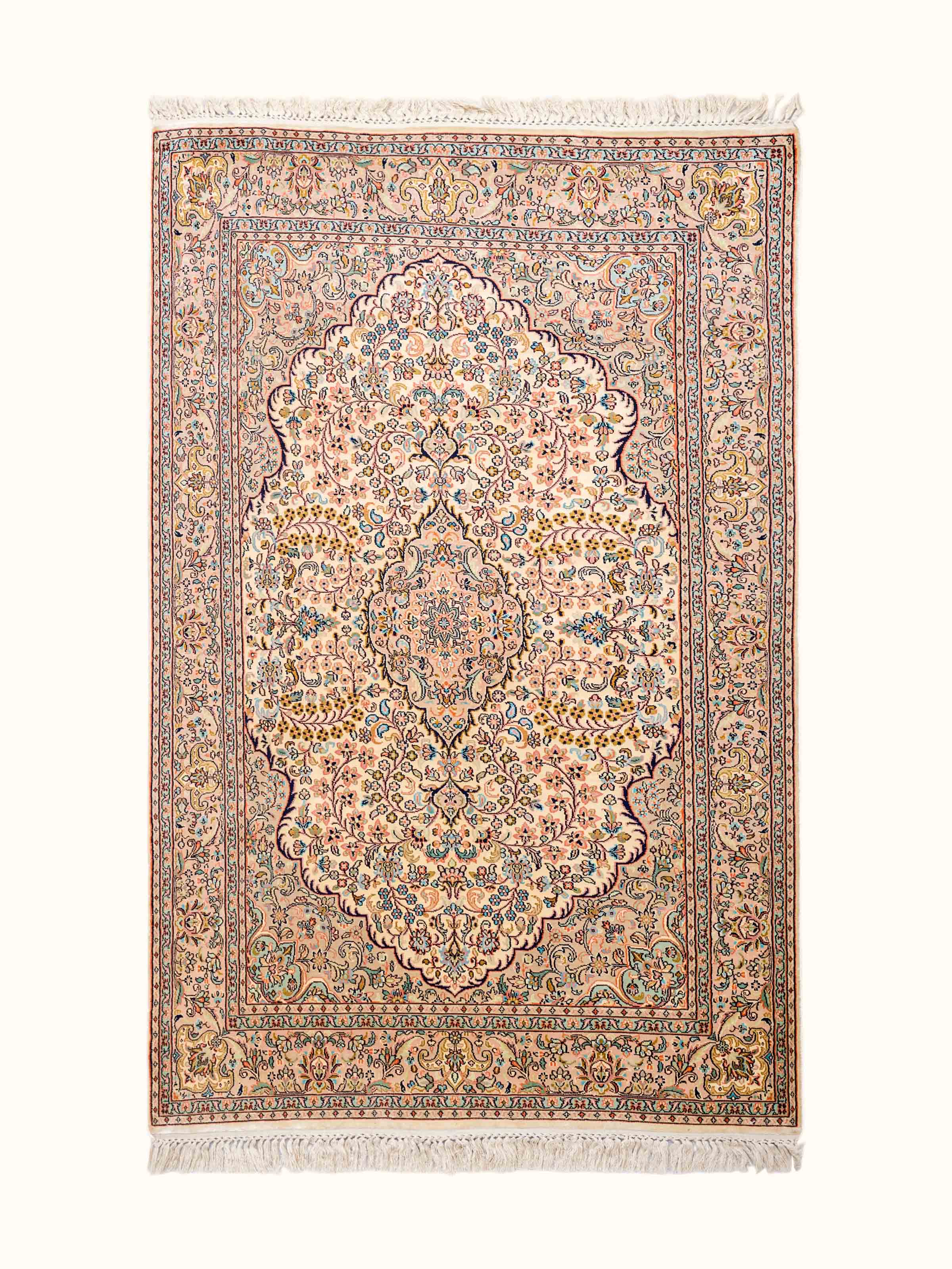 Traditional Persian Ivory Pink Kashan Kashmir Silk Hand-Knotted Carpet