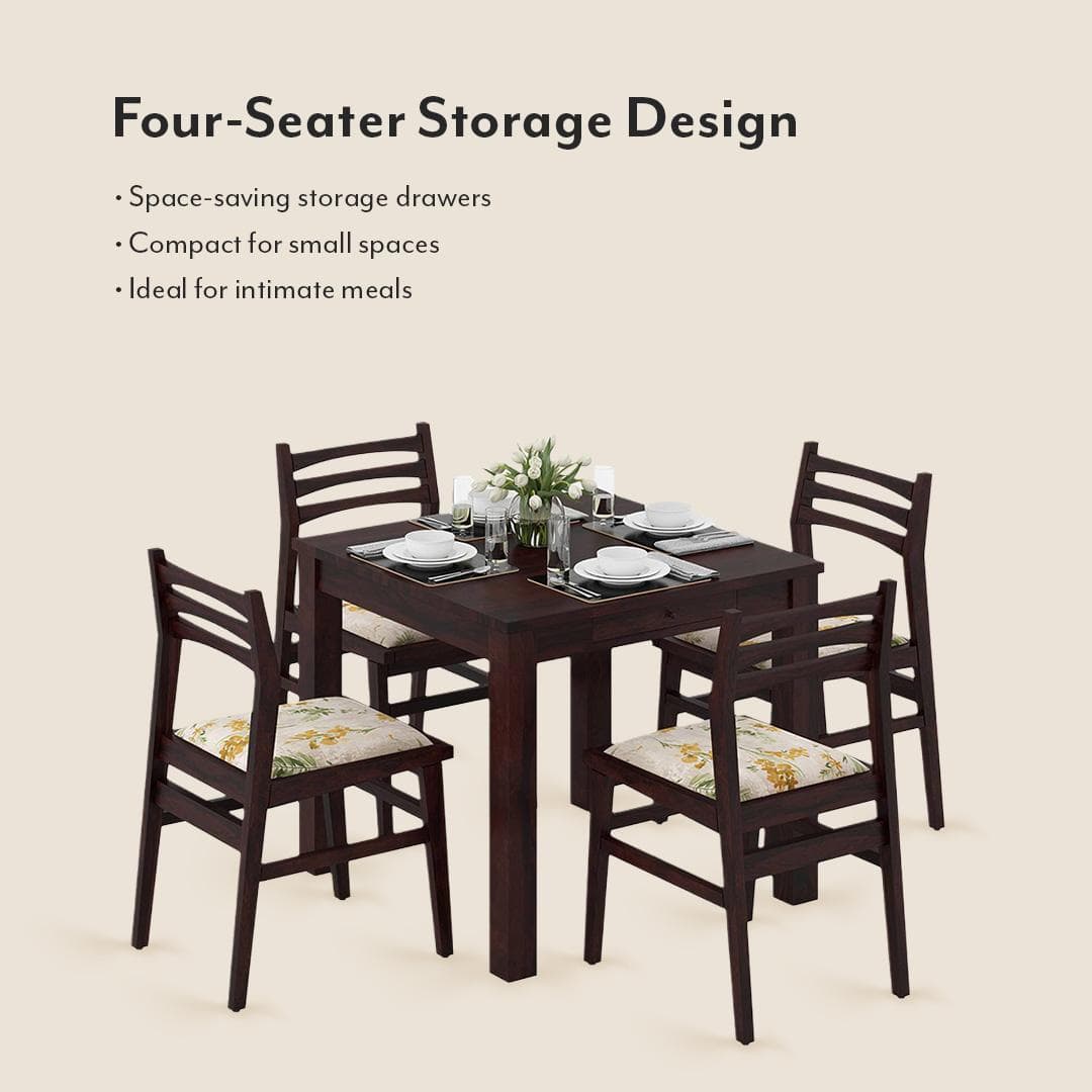 Arabia Leon Solid Wood 4 Seater Dining Table With Set Of 4 Chairs (Colour- Mustard Florals, Finish- Mahogany)